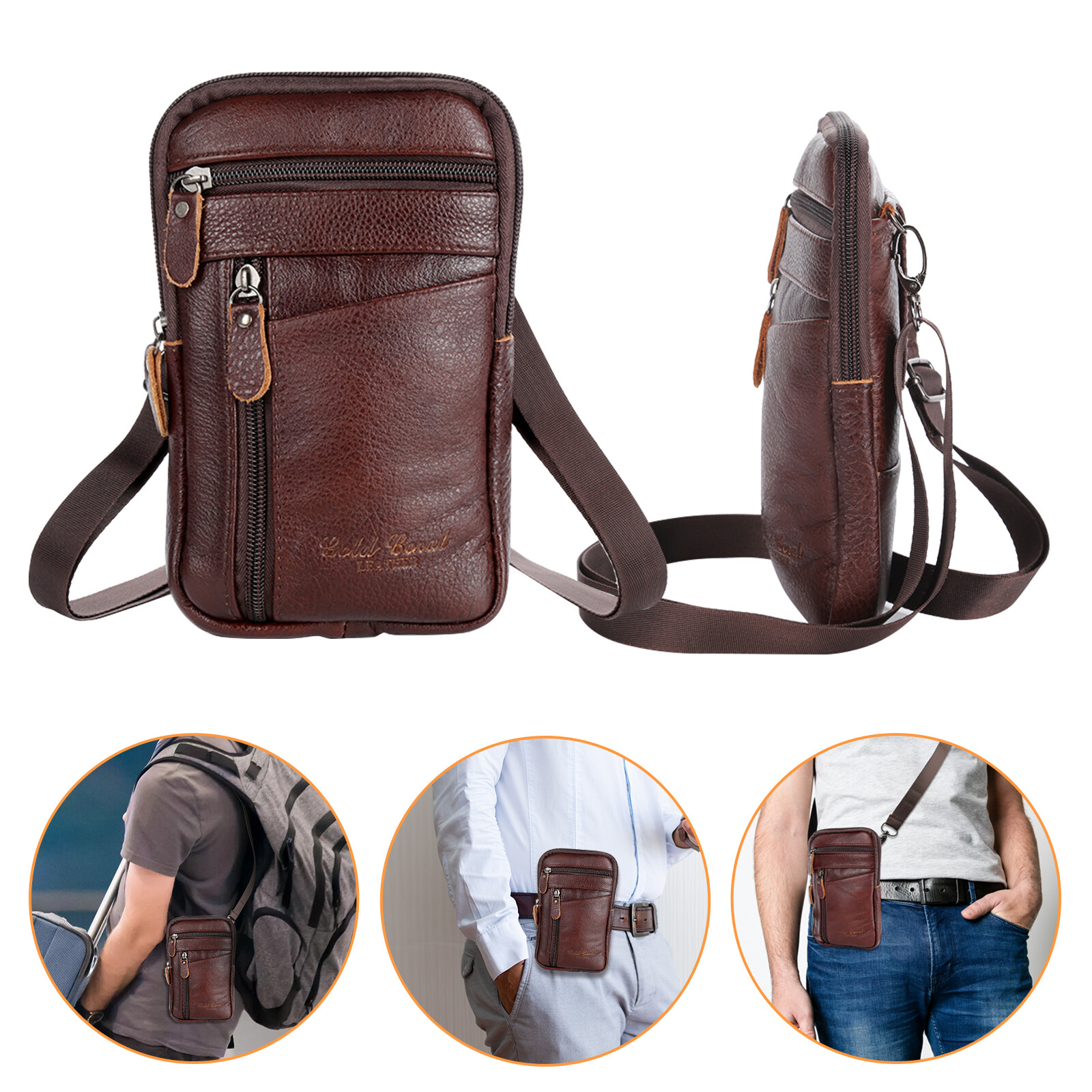 Men Leather Fashion Phone Pouch Belt Bag Shoulder Crossbody Waist Pack Handbag