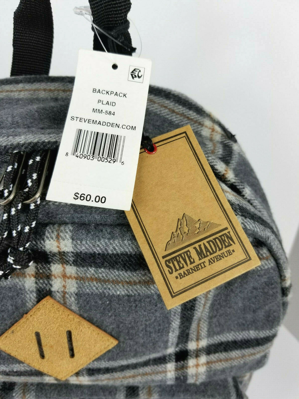 Steve Madden Plaid Flannel Grey Backpack Collegiate New York “N” Patch NEW
