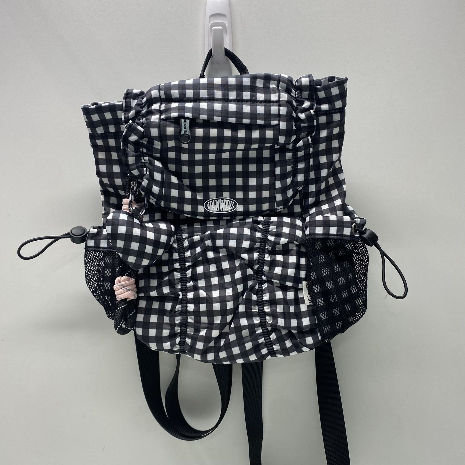 Vanwalk Black White Gingham Checkered Drawstring Backpack Mesh Pockets