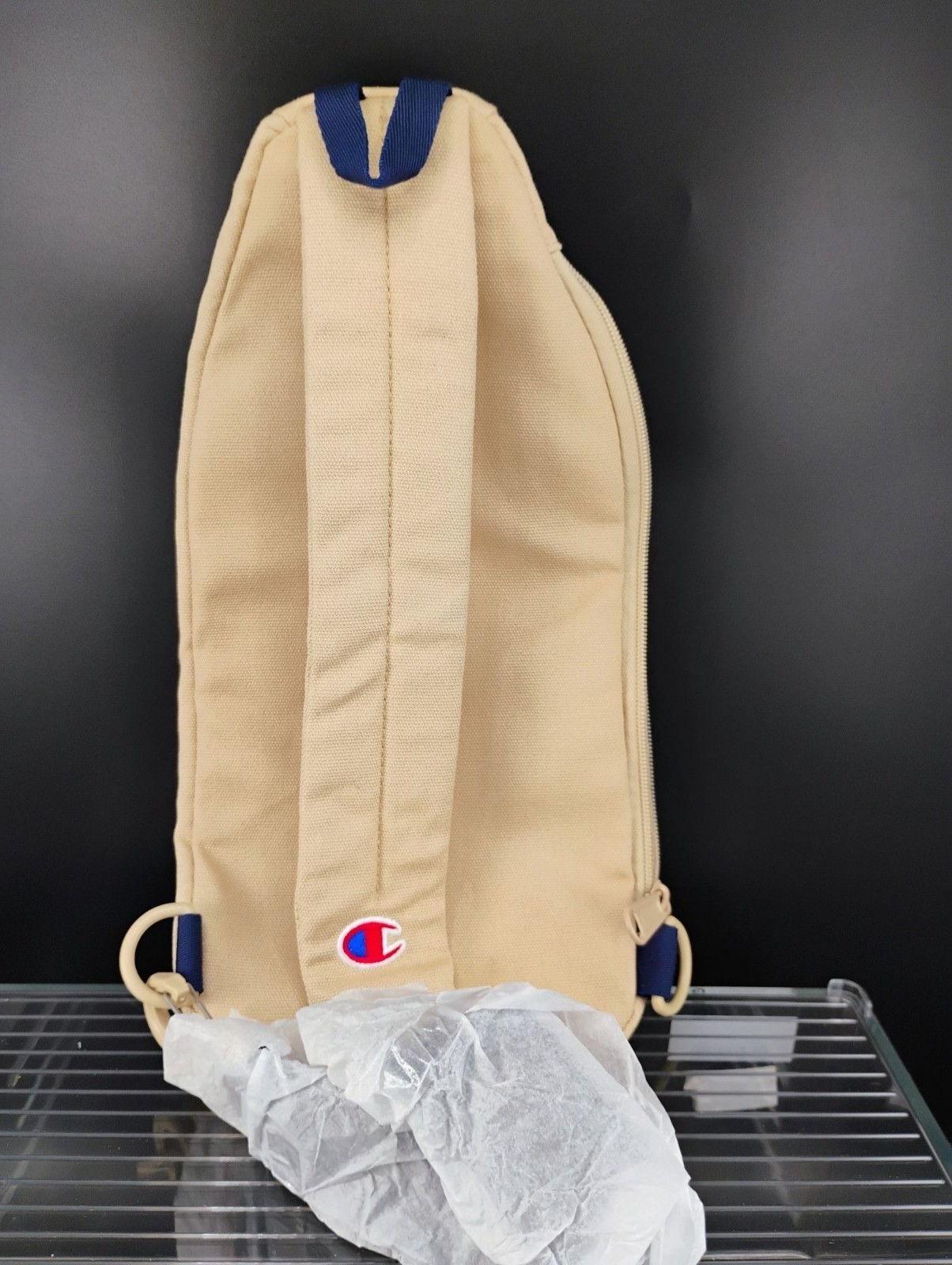 Champion Beige Canvas Sling Backpack Reversible Strap Durable
