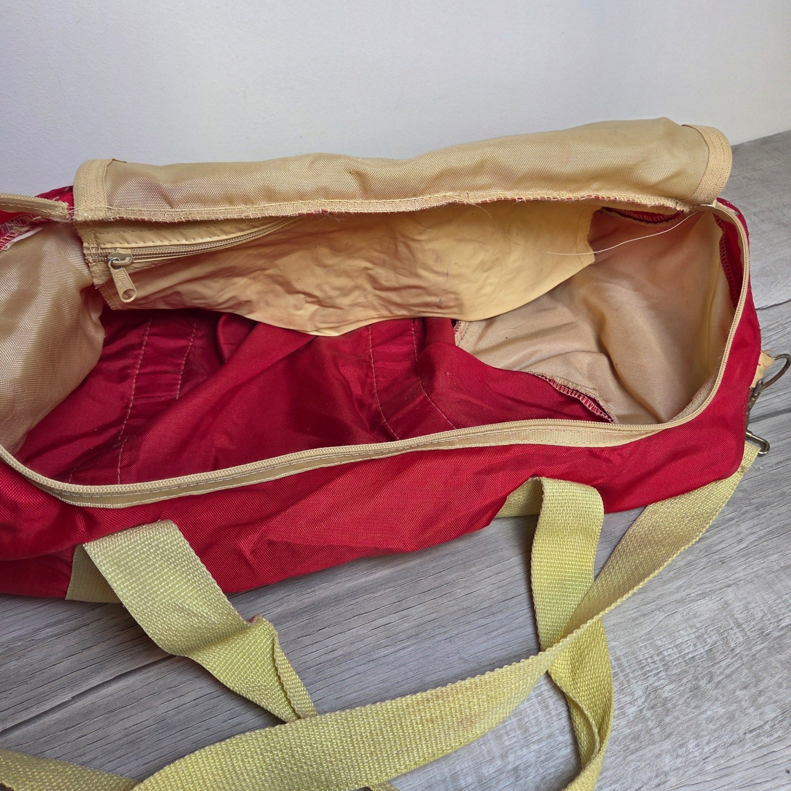 Vintage US Sport Red Nylon Duffel Bag Gym Travel Weekender Tan Straps 80s Korea