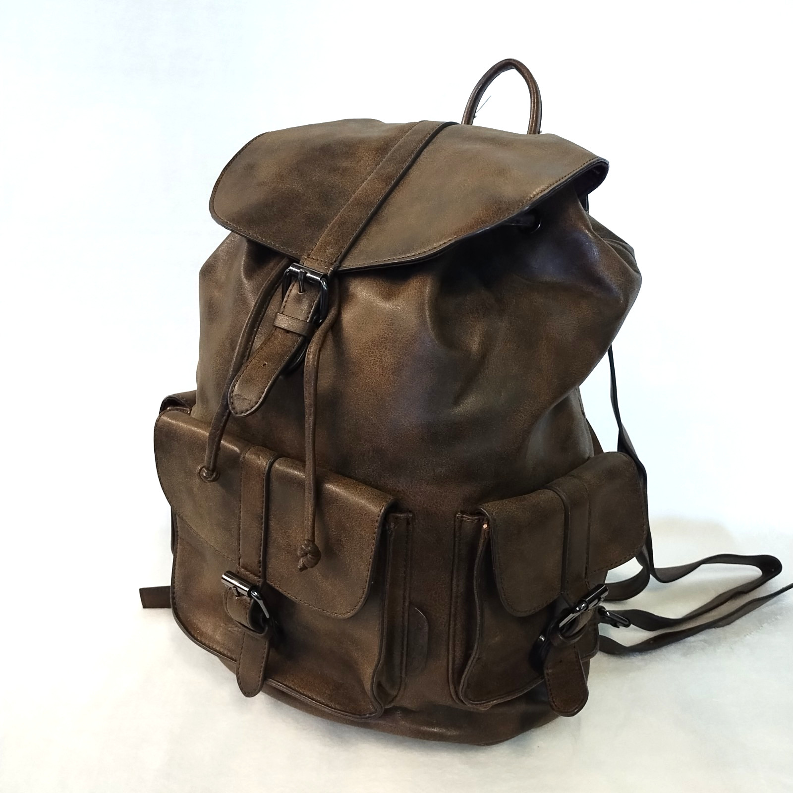 ALDO Brown Faux Leather Bucket Drawstring Backpack Buckle Top Sides GUC