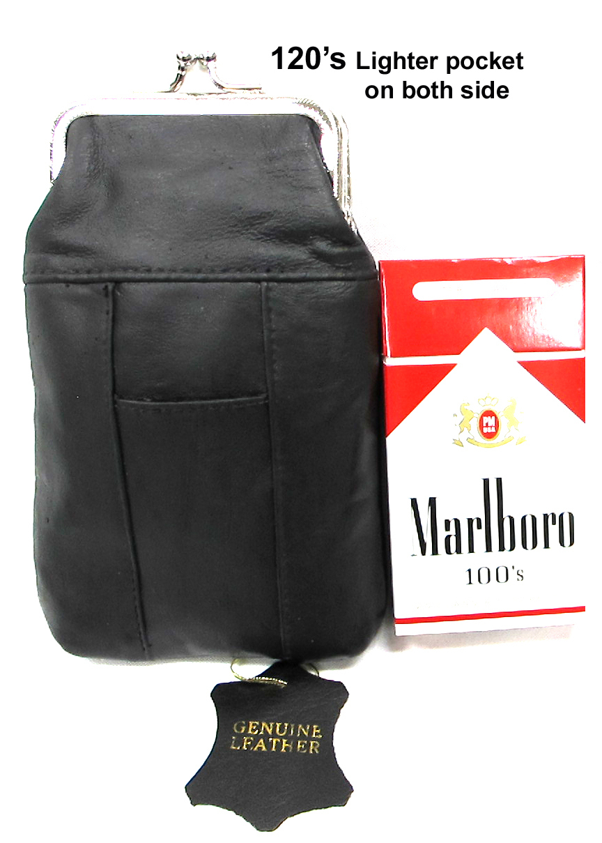 Genuine Leather Cigarette Case Pouch Lighter Pocket Top Twist Clasp -Fit 120’s