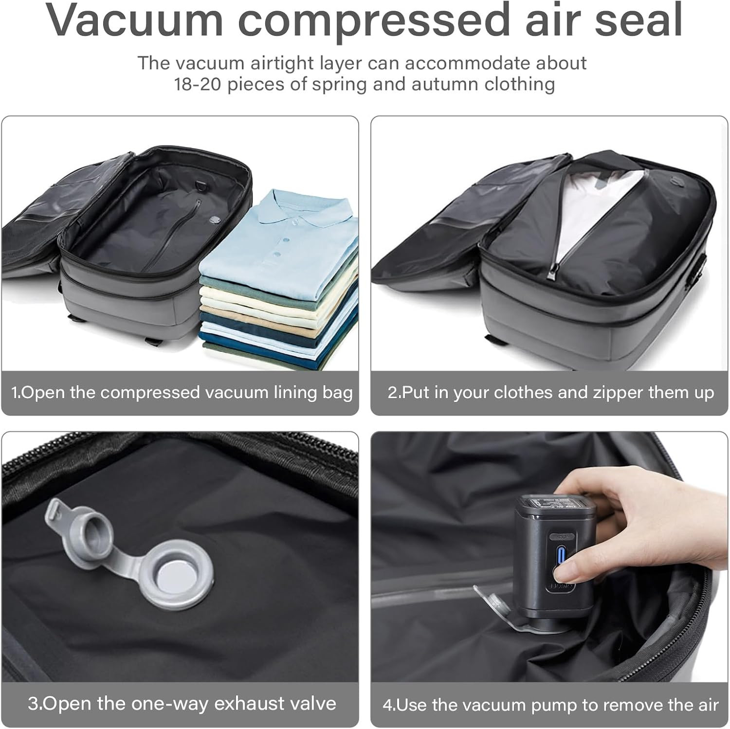 60L Expandable Travel Backpack with Vacuum System & TSA Lock – Grey