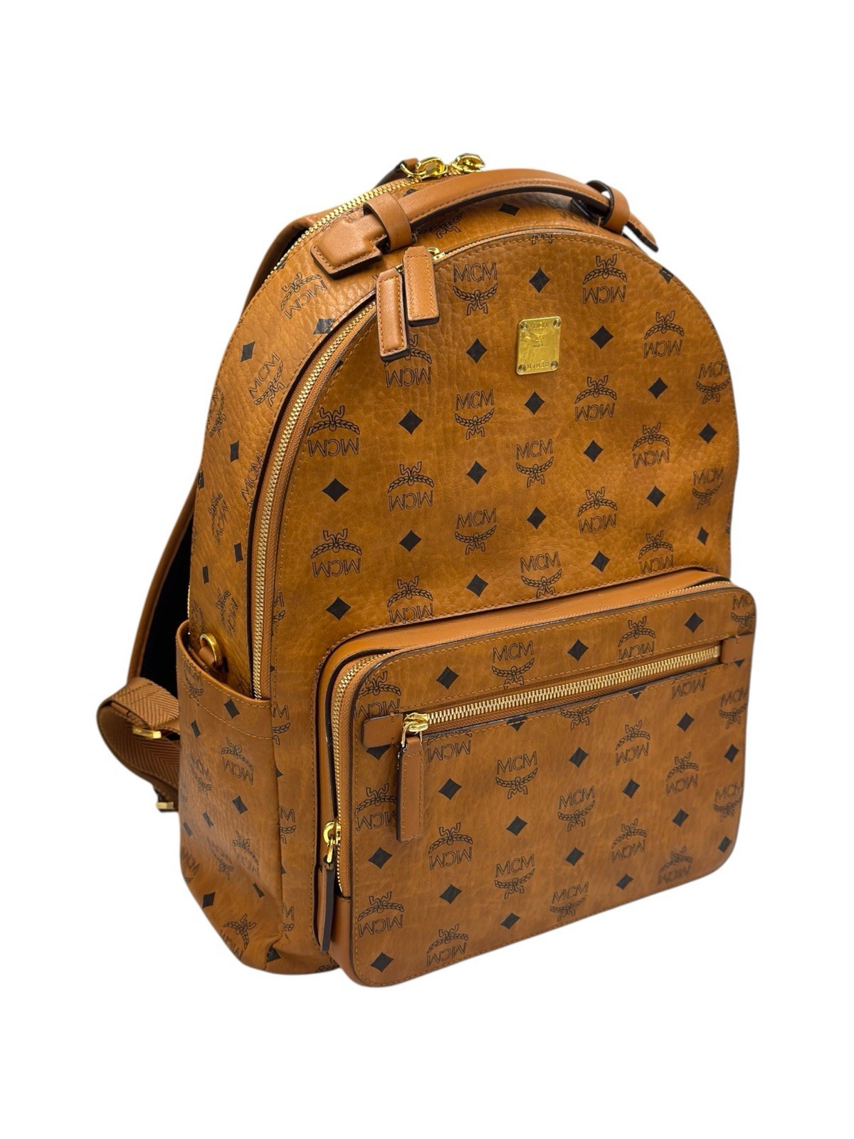 Authentic MCM Stark Visetos Cognac Medium Backpack Gold Hardware Brown