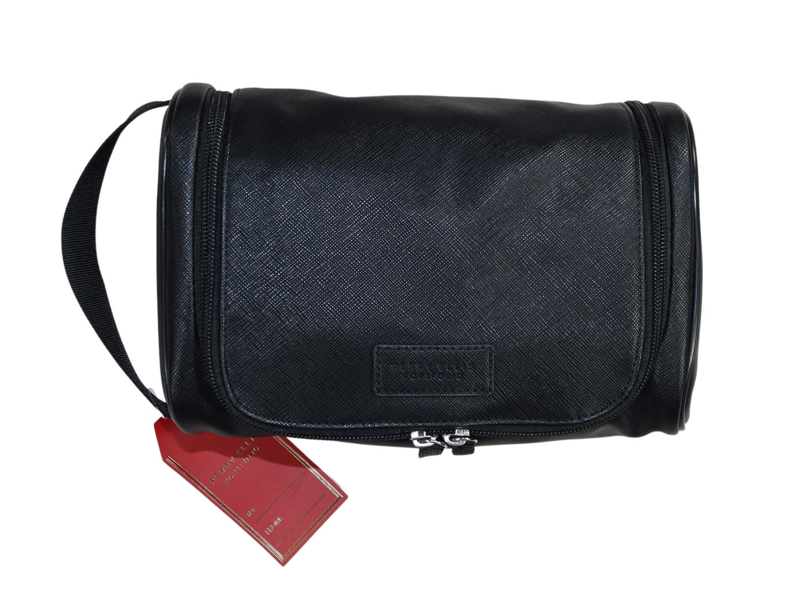 Perry Ellis Faux Leather Zip Around & Carry Handle Men’s Toiletry Bag NWT Black