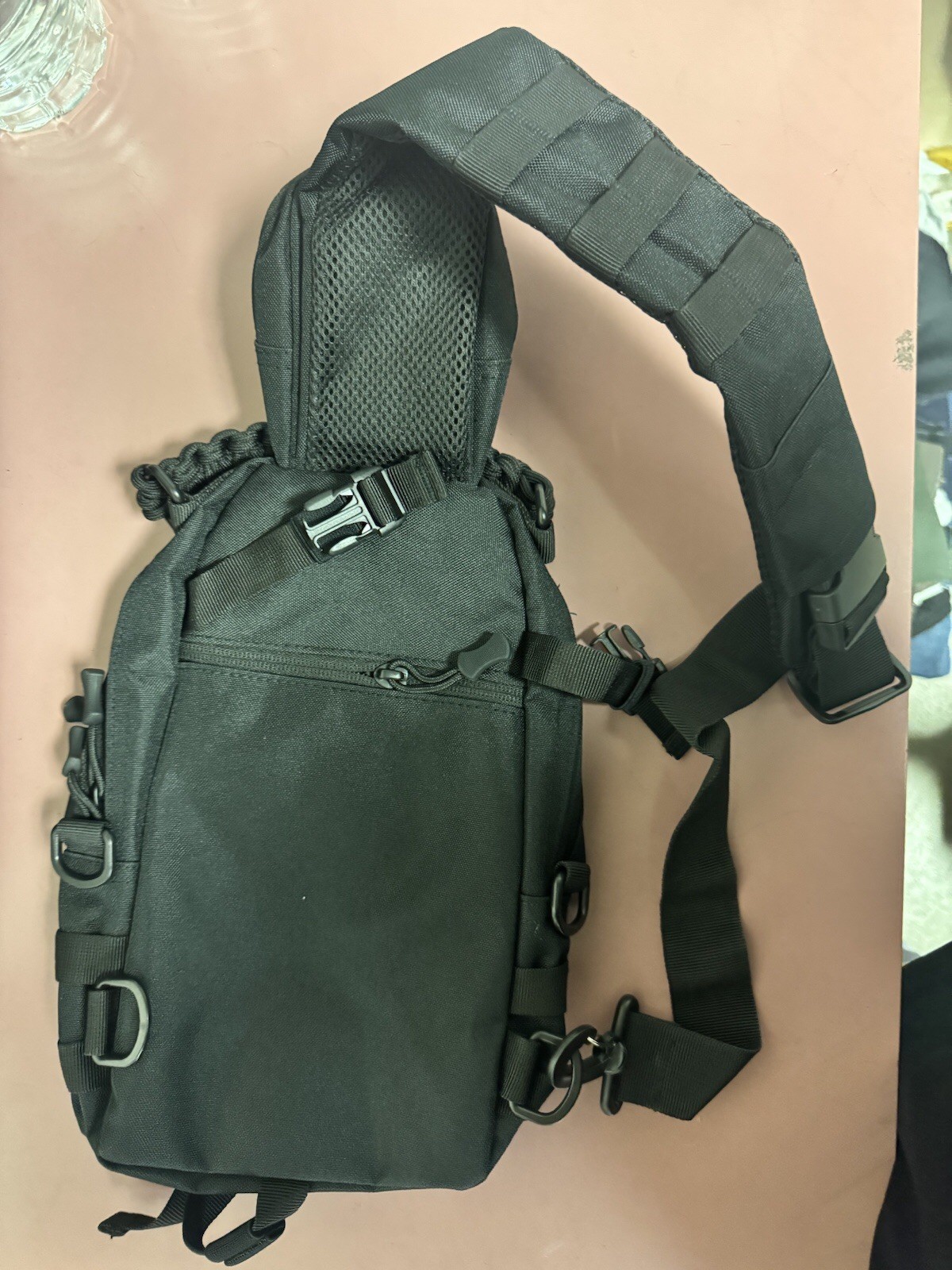 Men’s BLACK Sling Backpack Chest Crossbody Travel Shoulder Bag. BRAIDED Handle