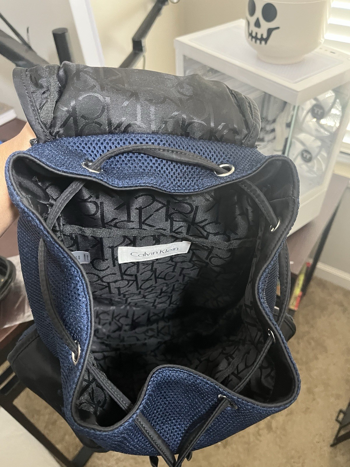 Calvin Klein Blue/Black Small Backpack Drawstring Buckle, Pockets, Lined