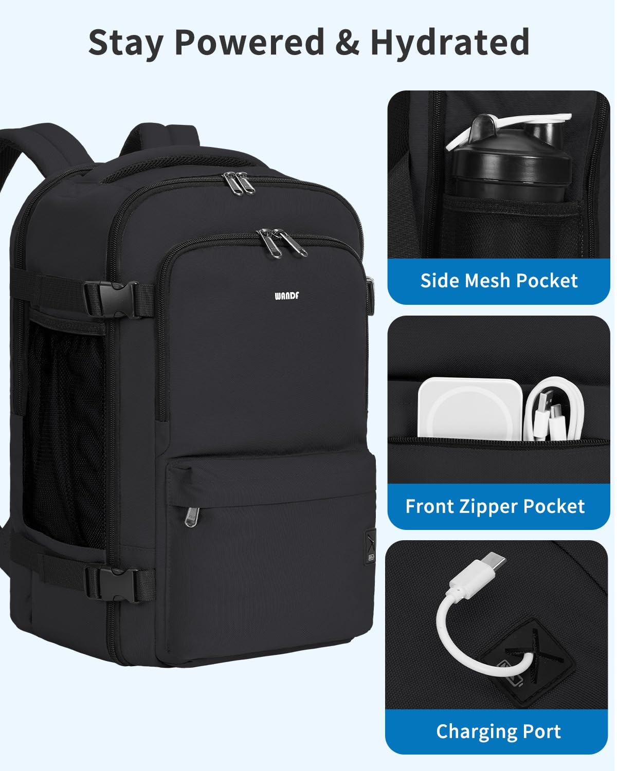 Personal Item Small Travel Bag Backpack 17x10x9 Inch 15.6 Laptop Men Black