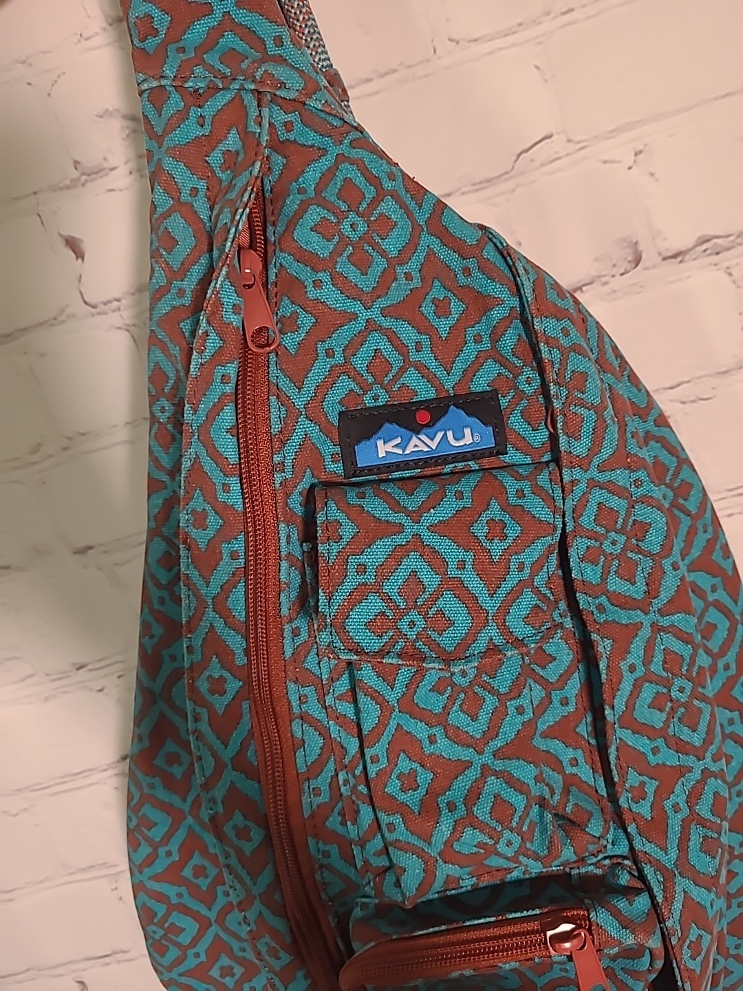 KAVU Rope Sling Bag Crossbody Desert Mosaic Backpack Teal Blue Brown Retired EUC