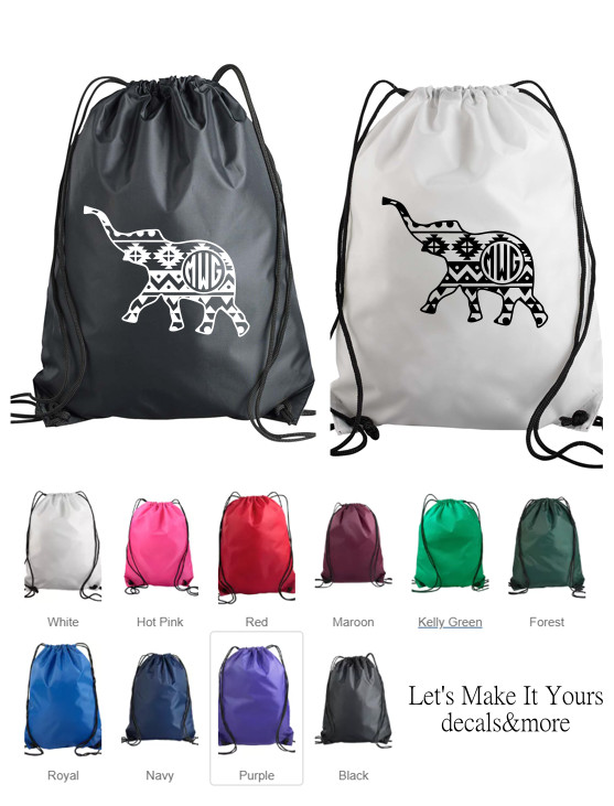 ELEPHANT MONOGRAMMED NAME PERSONALIZED DRAWSTRING BACKPACK NYLON GIFT BAG TOTE