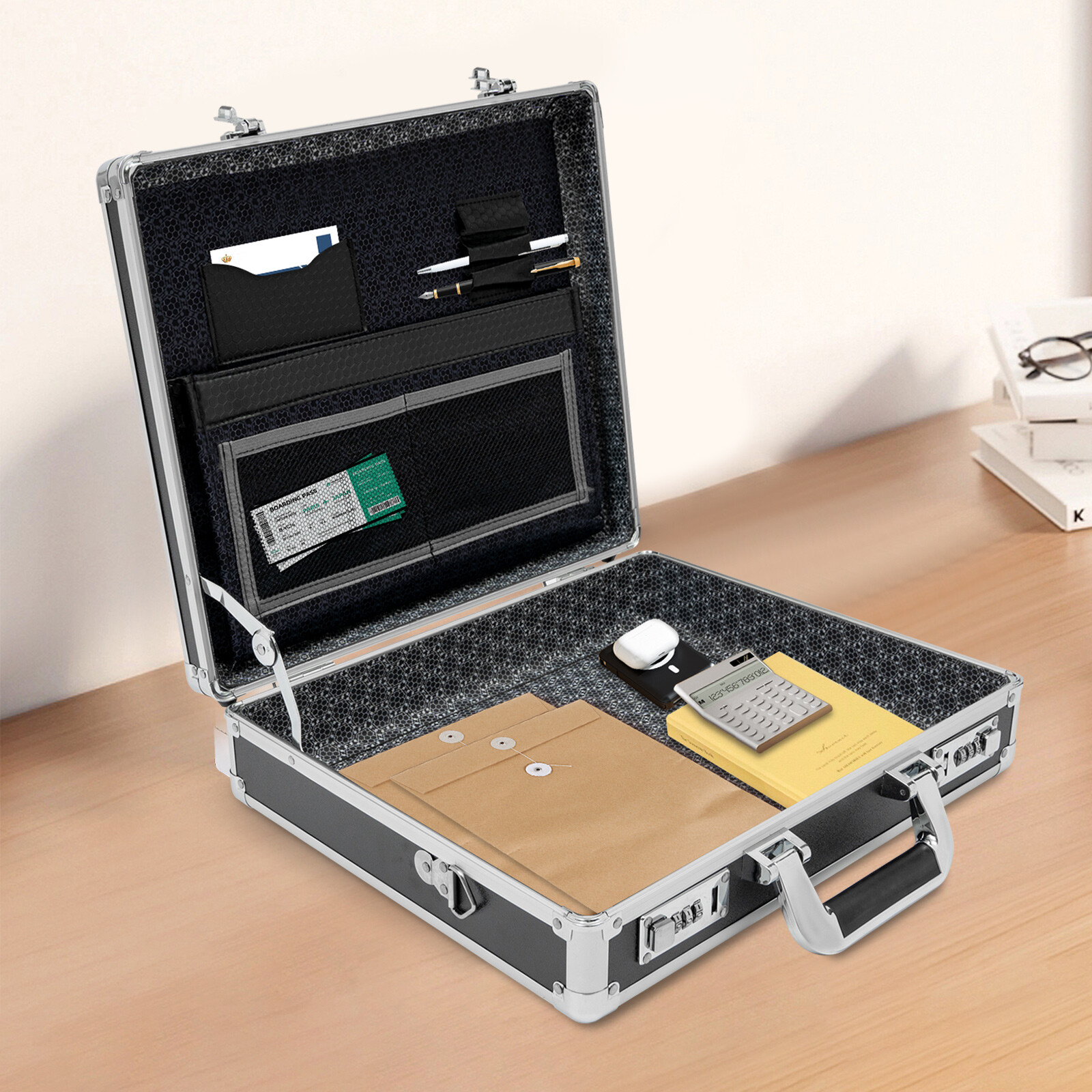 Aluminum Hard Case Big Capacity with Combination Lock Briefcase with Pocket New