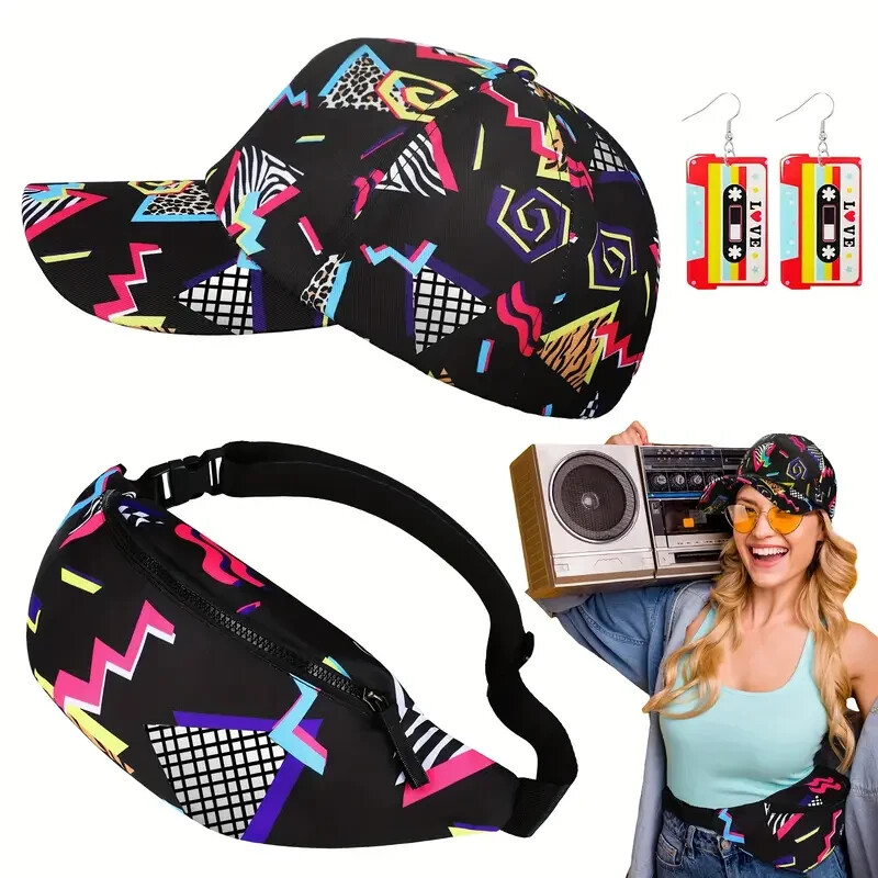 New 80’s 90’s Retro Hat Fanny Pack Waist Pack Earrings 3 Piece Set Costume Party