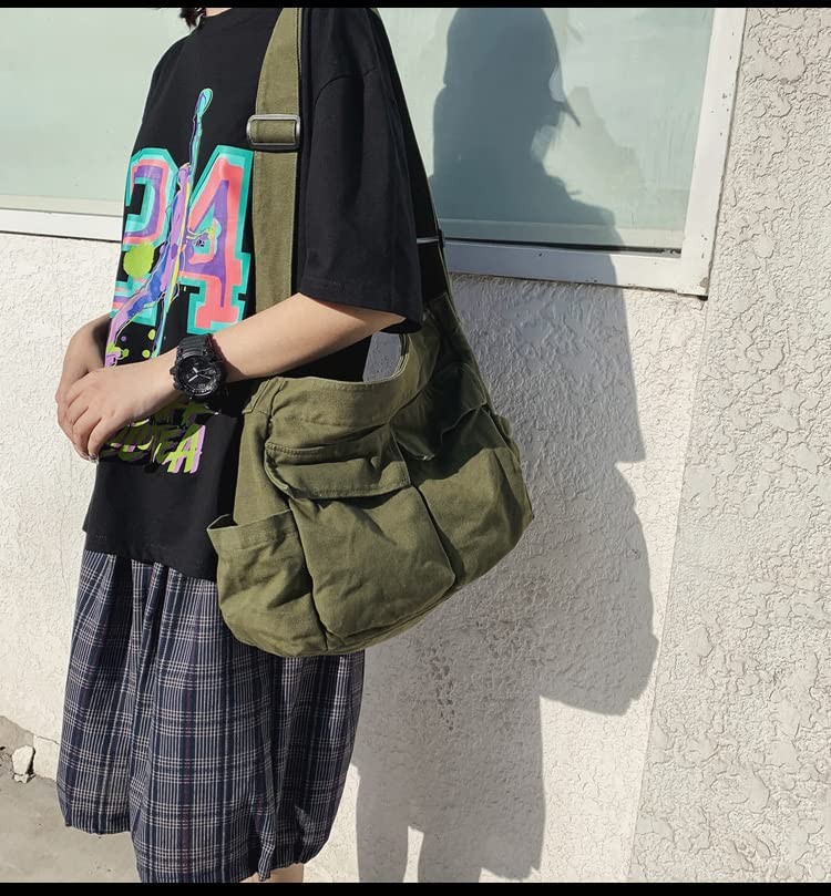 Canvas Messenger Bag Large Crossbody with Multiple Pockets Large, Green
