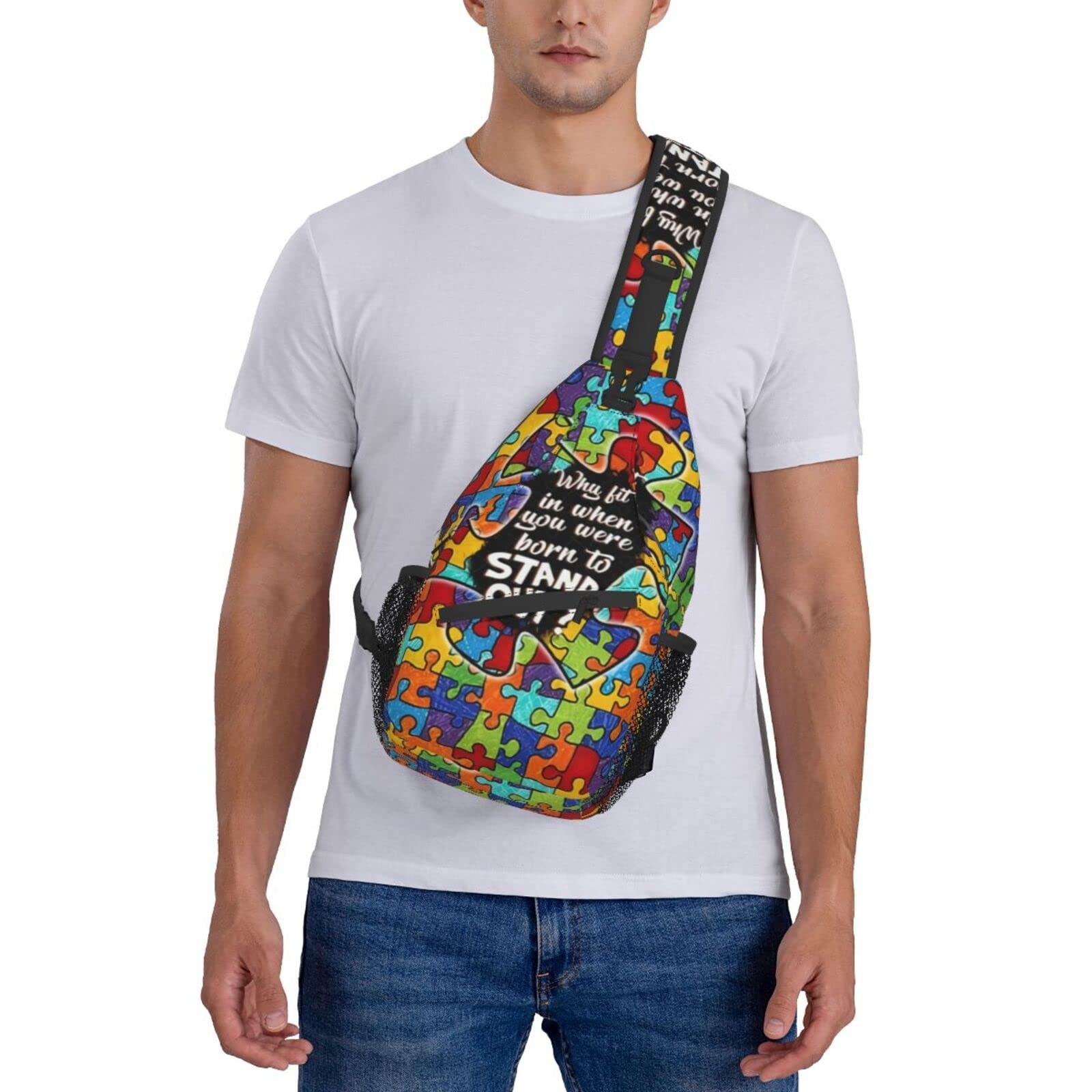 Autism Pattern Sling Backpack Travel Hiking Daypack Awareness Crossbody Bag