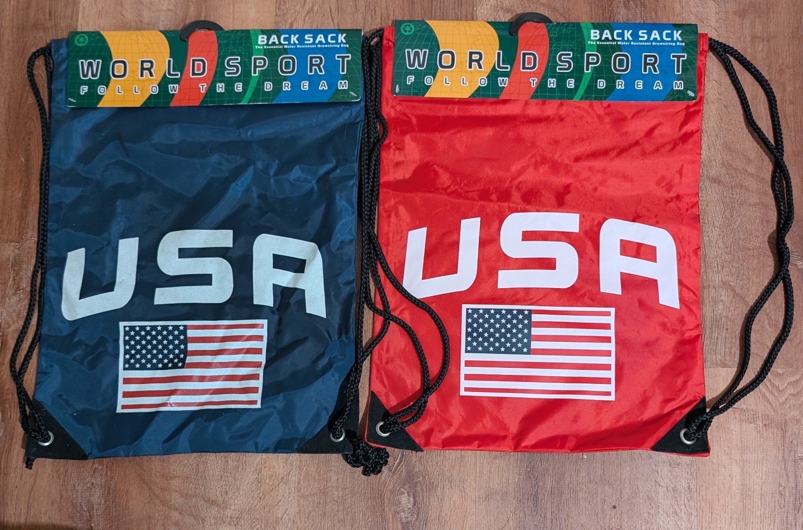 USA Backpack Drawstring Red & Blue July 4 Patriotic World Sport Back Sack 2 pk