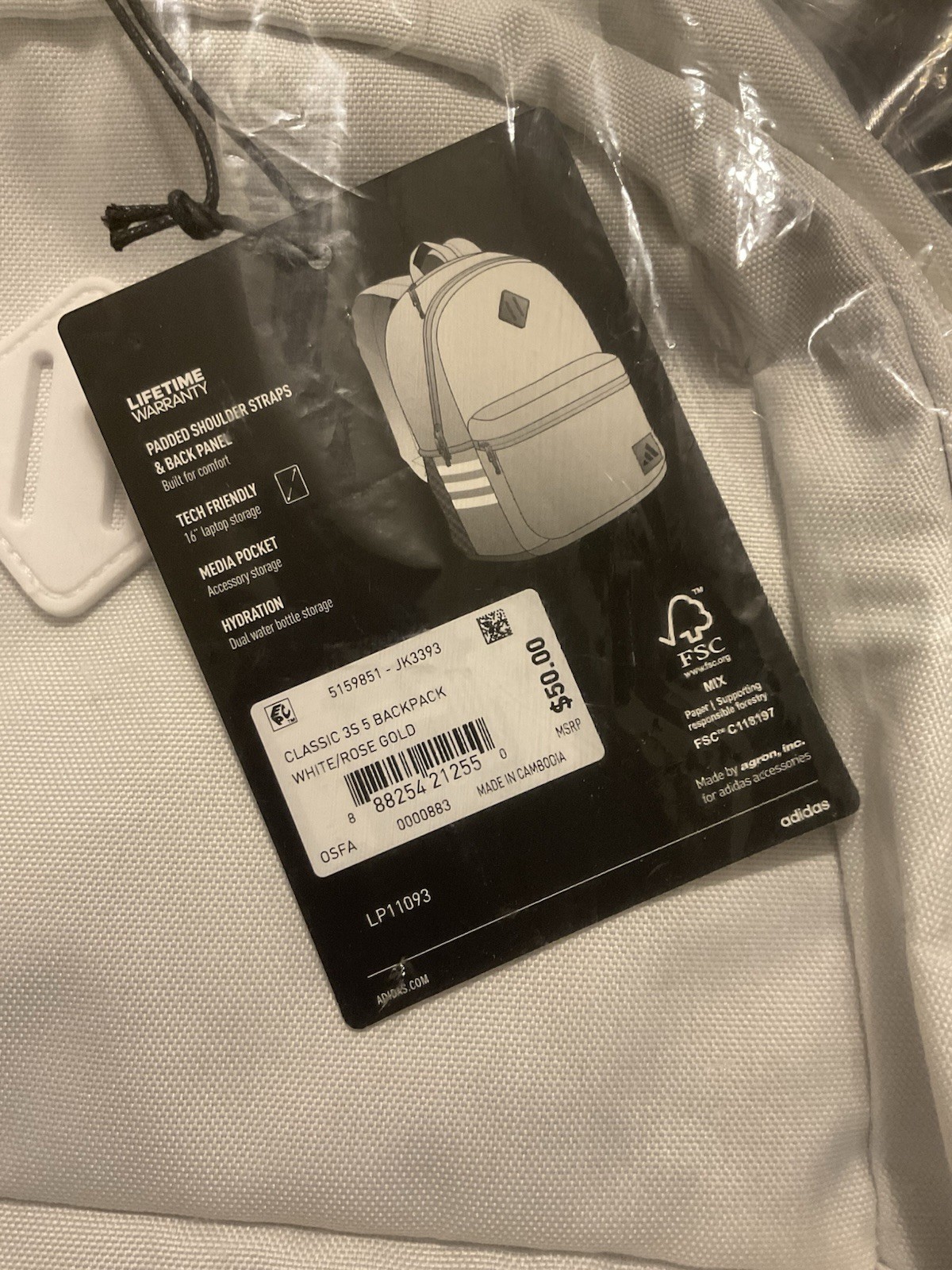 Adidas Classic 3S 5 Backpack, White/Rose Gold School Sports Travel Unisex New