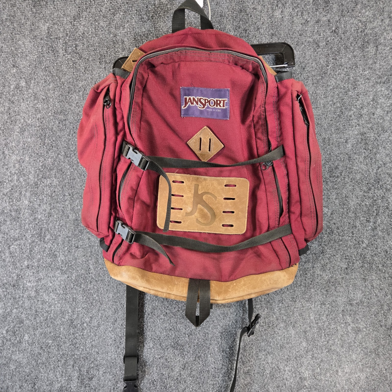 Vtg 90s JanSport Leather Bottom Backpack Hiking Pack Gorpcore Made in USA Maroon