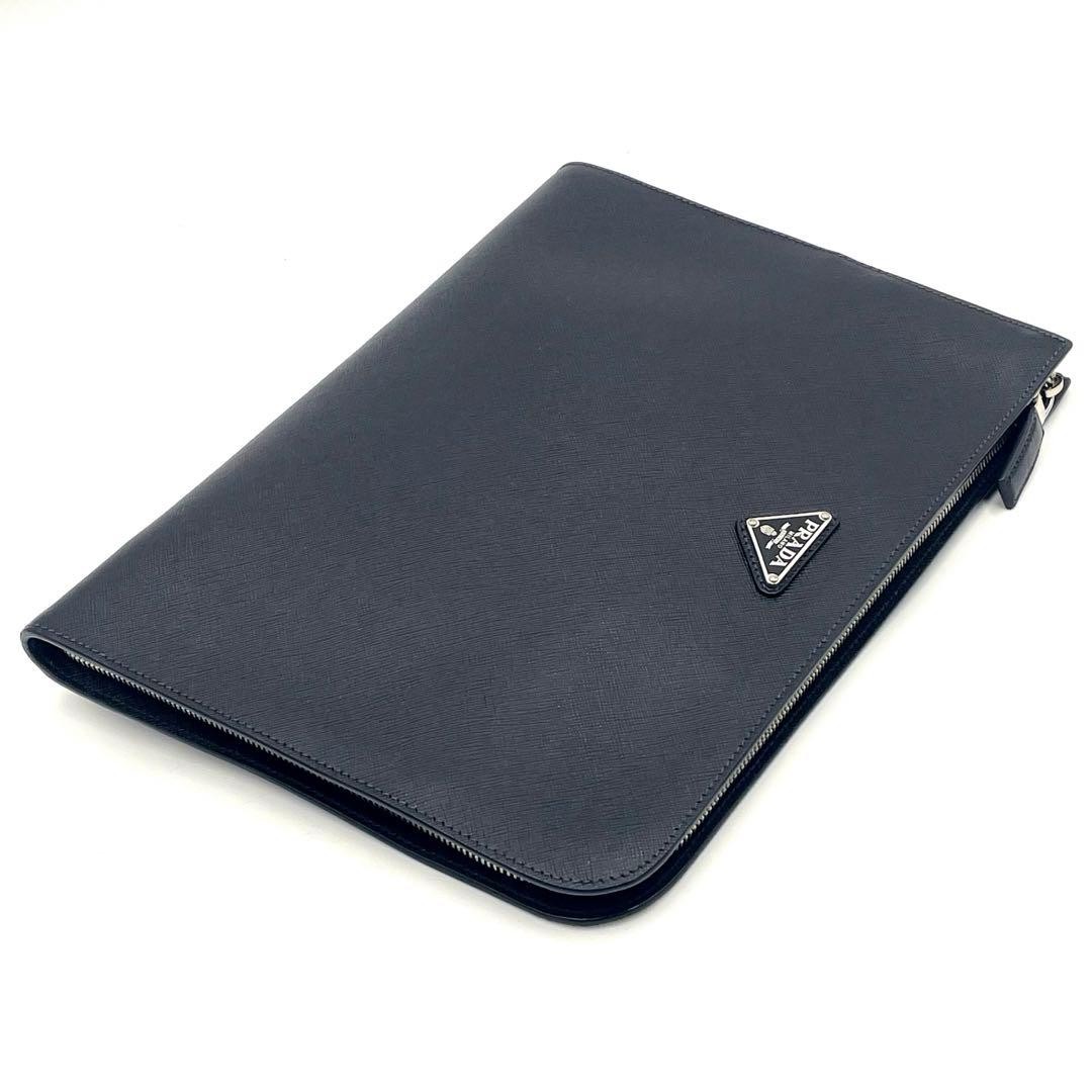 PRADA 2VN003 Saffiano Triangle Leather Clutch Bag Black A4 Business Case