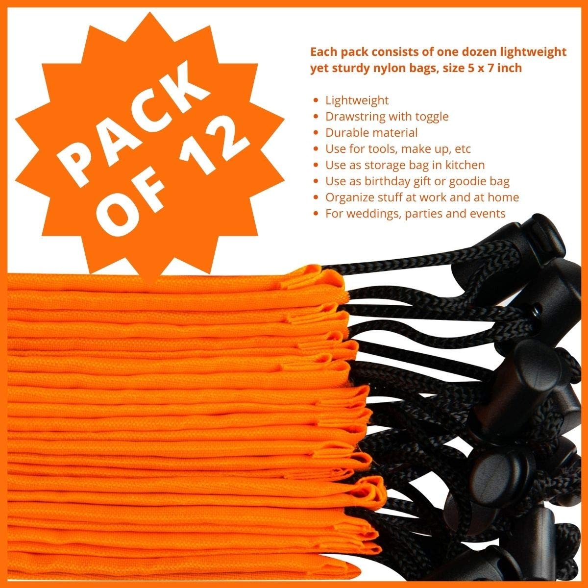 Drawstring Bag – Nylon Cinch and Ditty Stuff Pouch with Toggle (5 x 7-12 pack…
