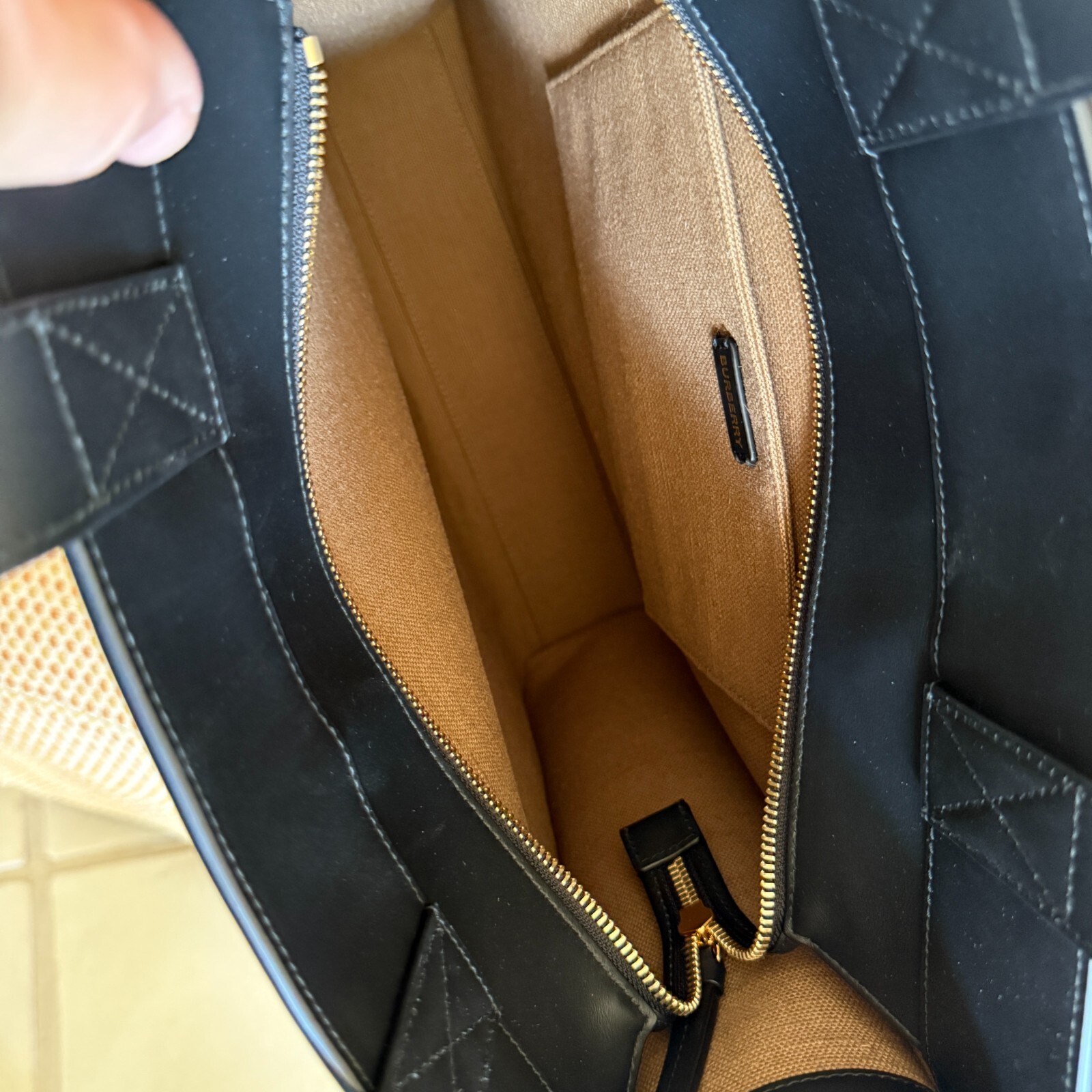 Burberry Camel Fabric and Black leather Medium Tote Bag, 8093452