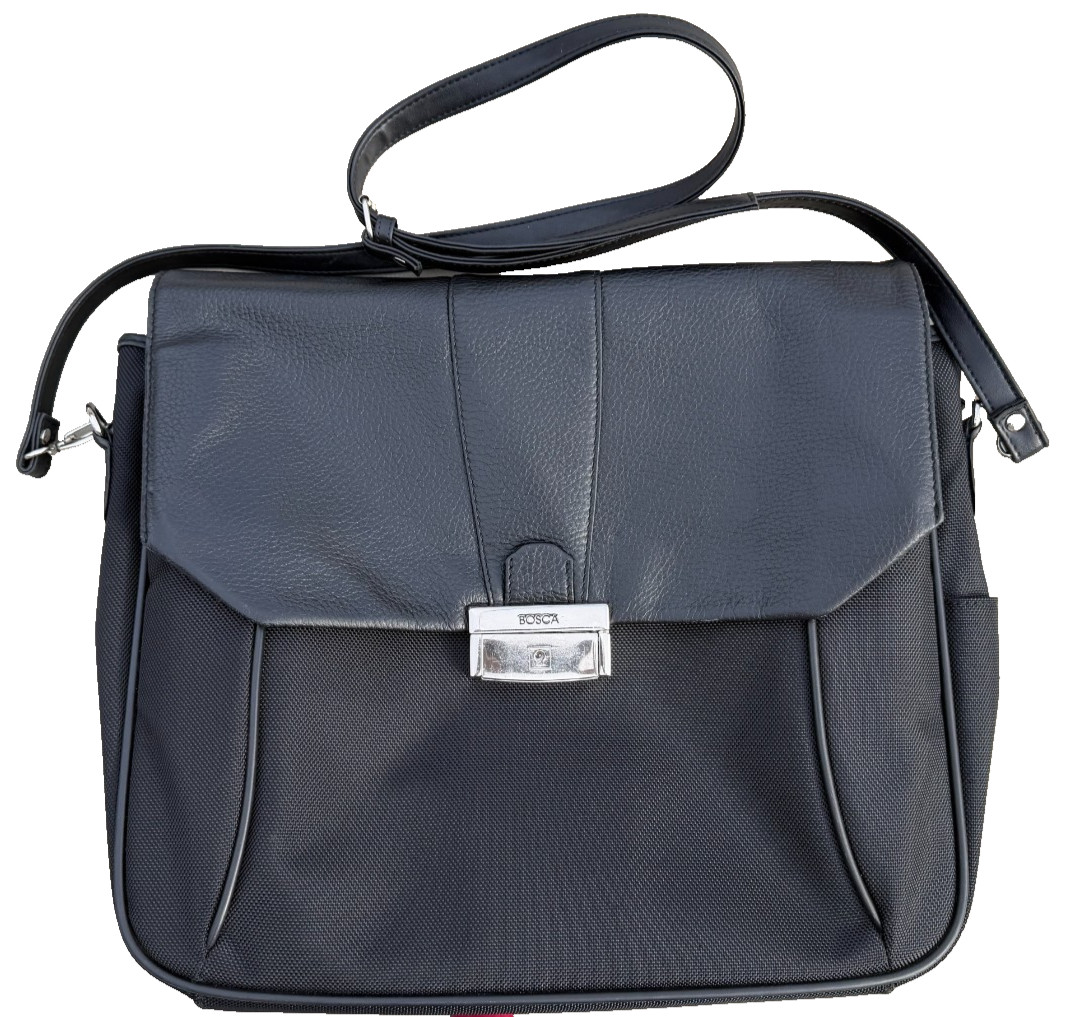 BOSCA Tribeca Messenger Black Italian Leather Ballistic Nylon Laptop Briefcase