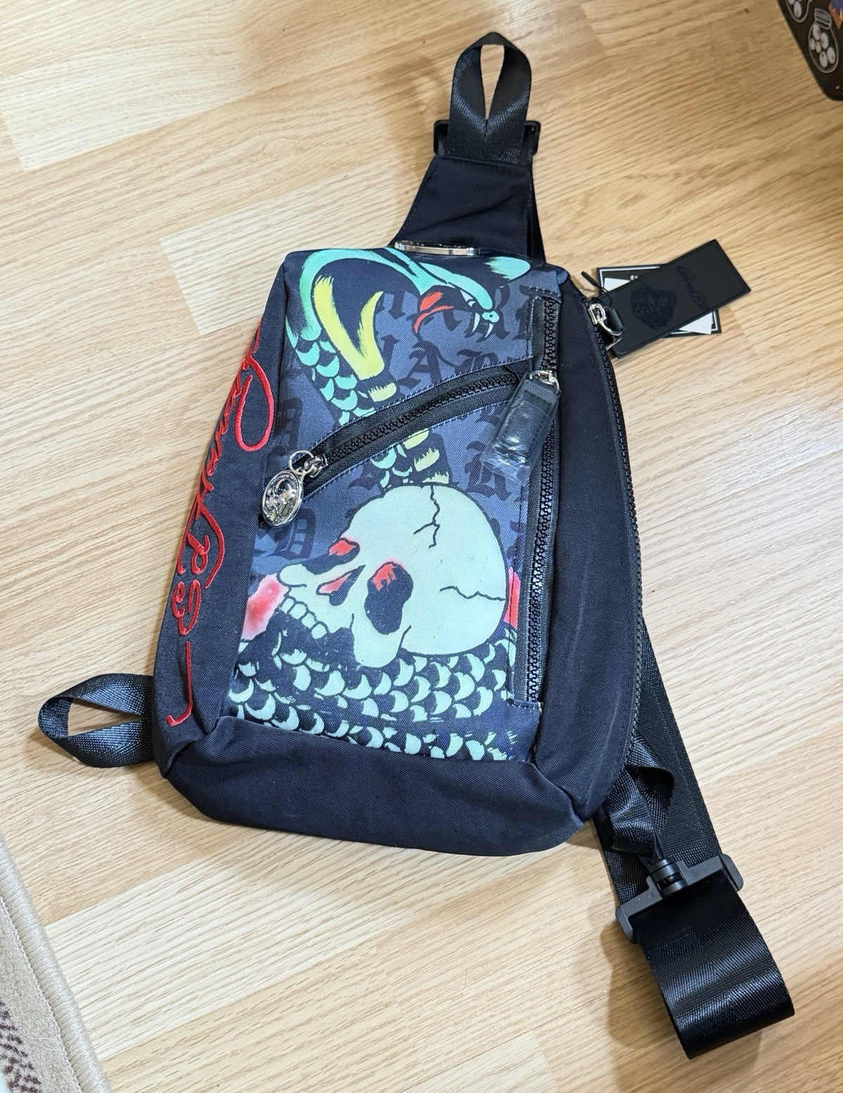 Ed Hardy Skull Graphic Crossbody Sling Bag Black/Multicolor Adjustable Pockets