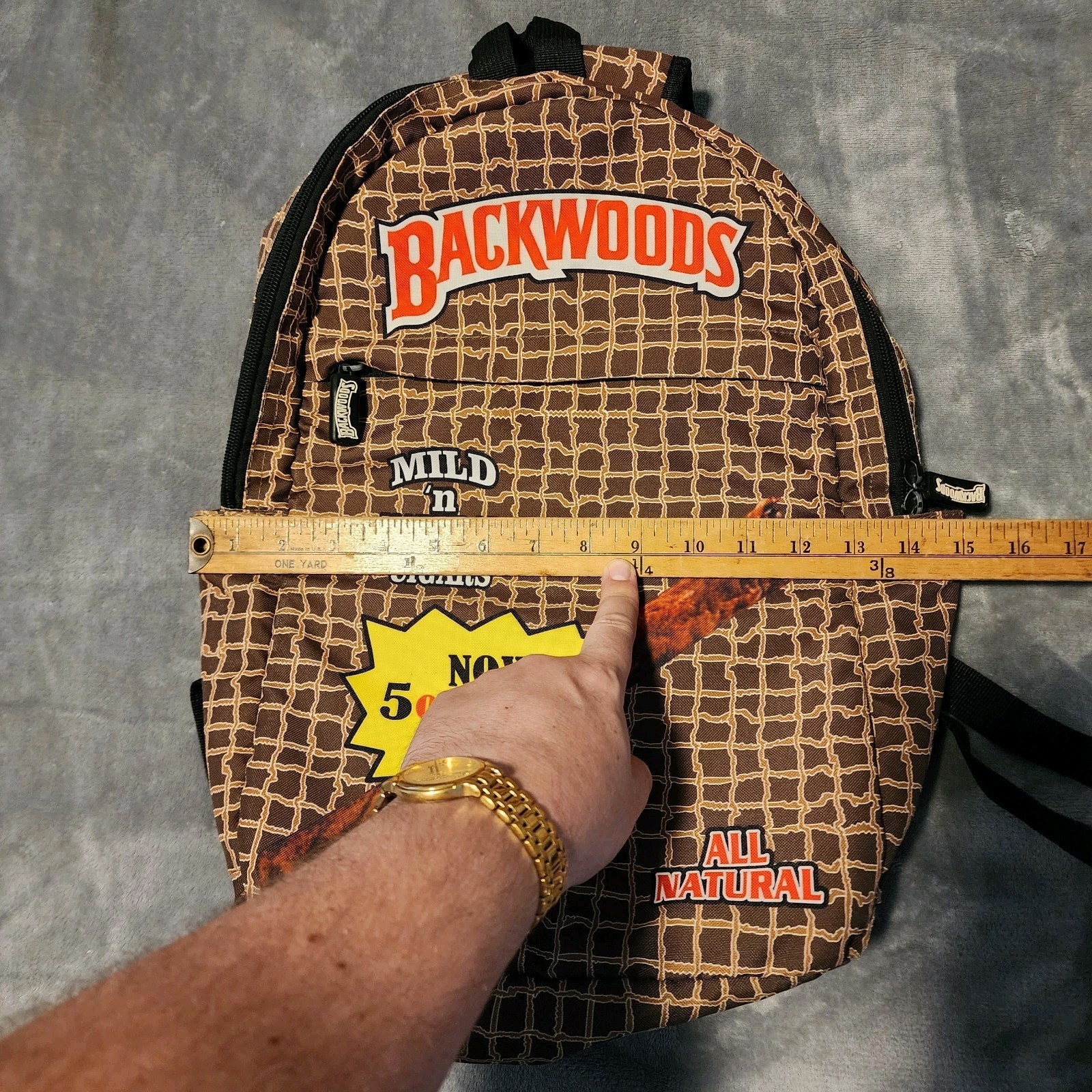BACKWOODS Cigar Backpack Brown Logo All Natural Tobacco Print School Bag Zip Top