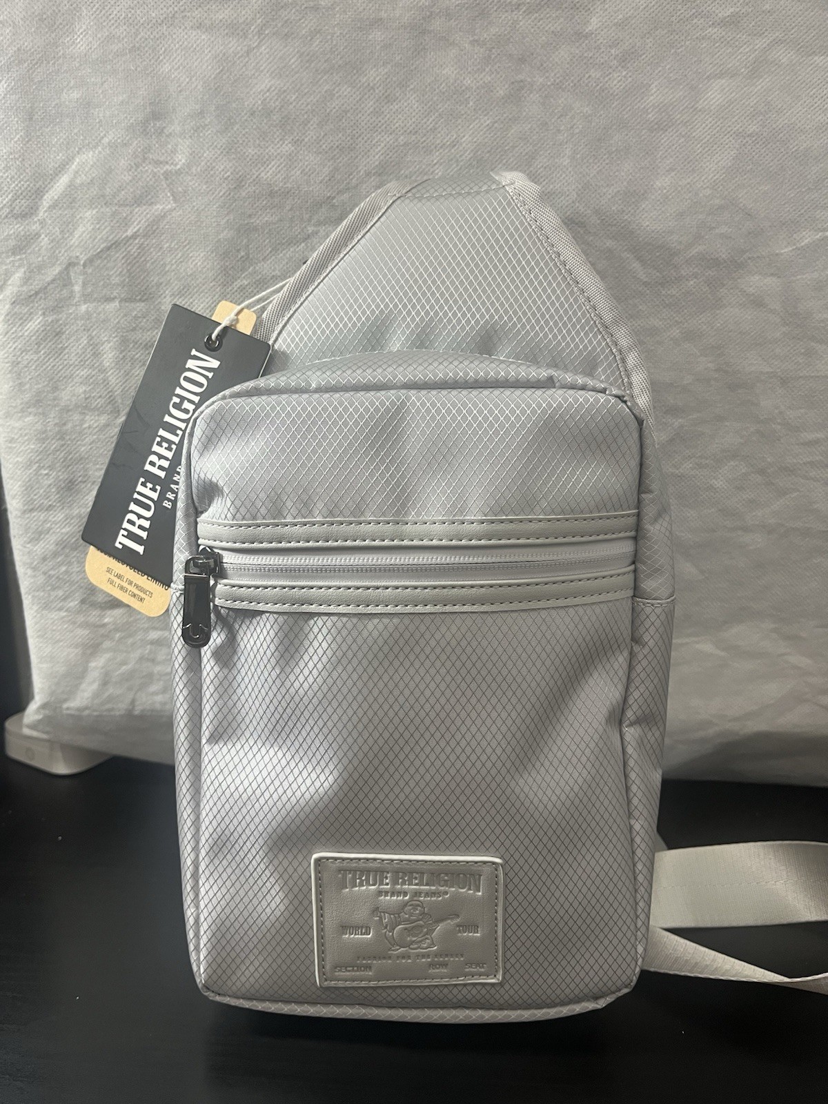 TRUE RELIGION Crossbody YETA 2.0 Bag GREY Nylon Sling Buddha Patch NWT
