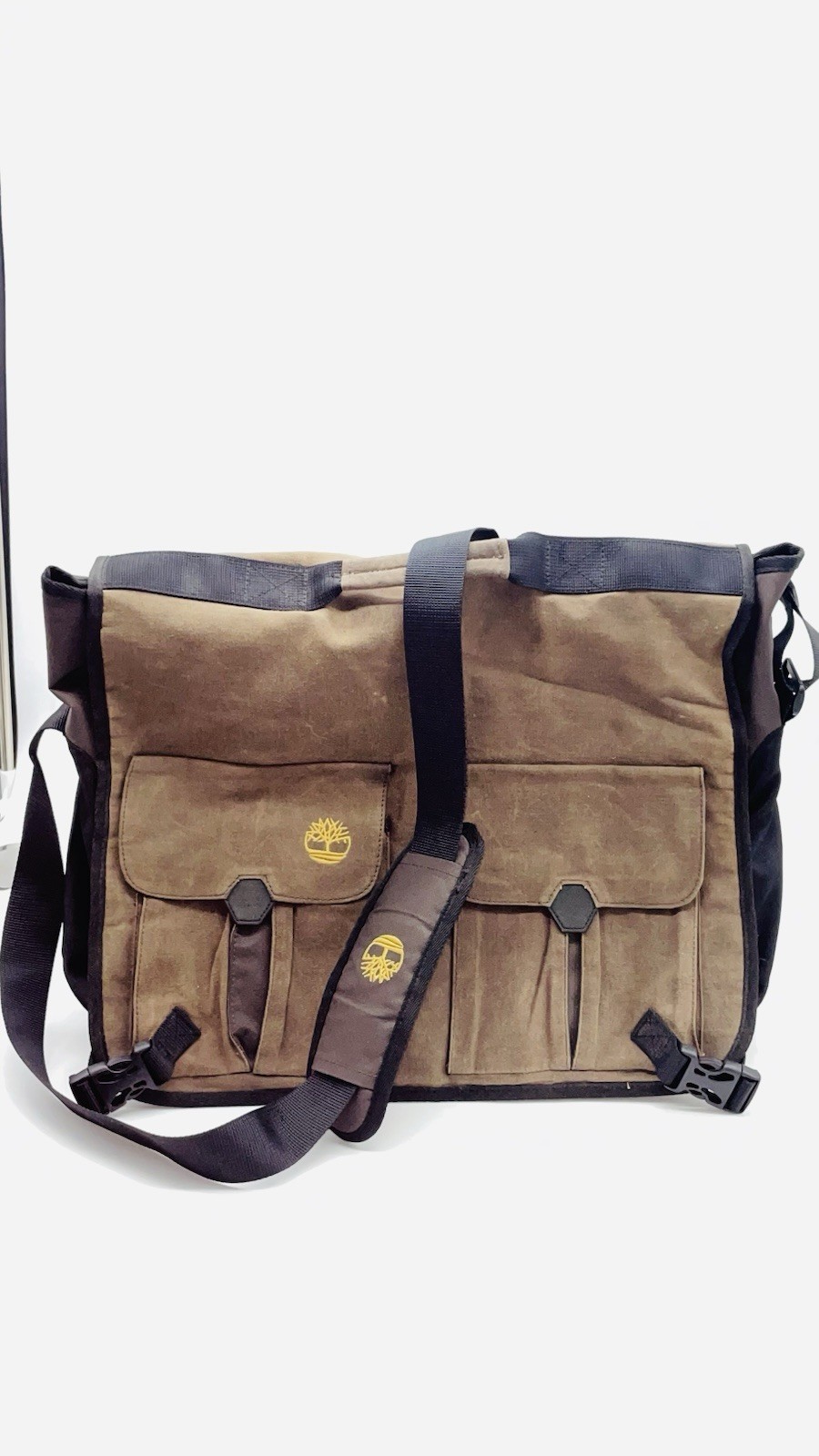 Timberland Brown/Black Canvas Large Messenger Bag Men Adjustable Shoulder Strap