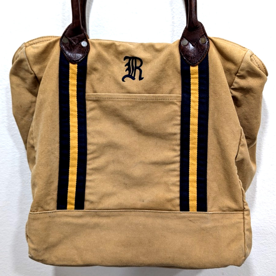 Vtg RALPH LAUREN RUGBY Tote Bag Canvas Leather Handles Shoulder Luggage Logo *