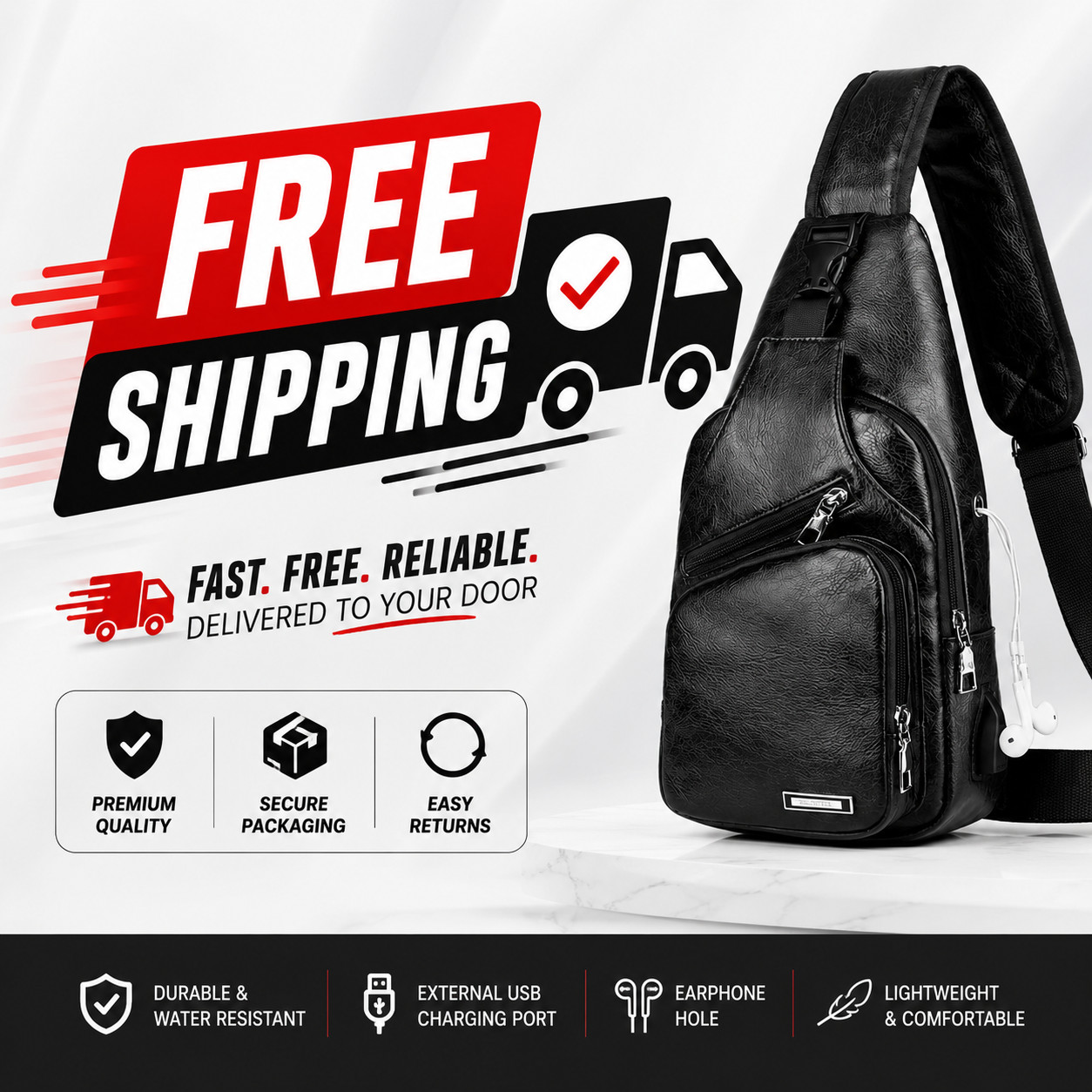 Black Chest Crossbody Bag Sling Backpack for Men with USB Charge Port