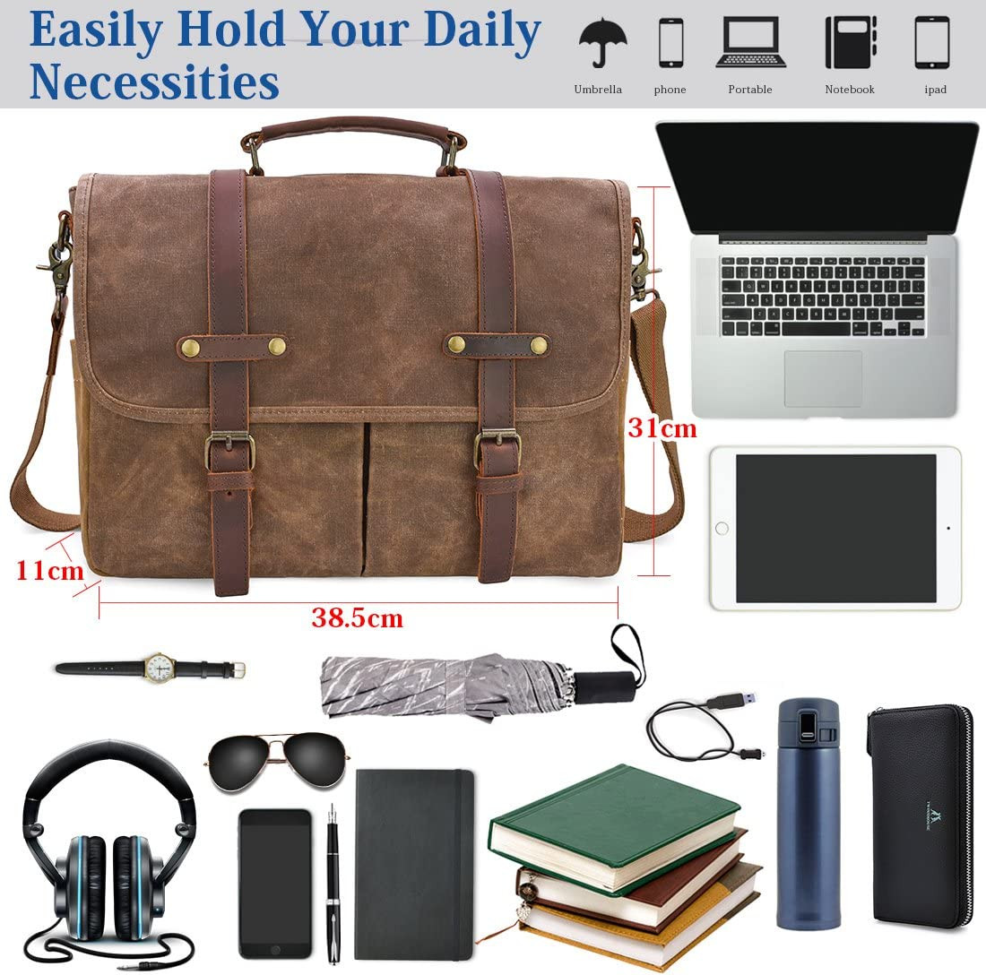 Men’s 15.6″ Waterproof Vintage Leather & Canvas Messenger Bag, Brown