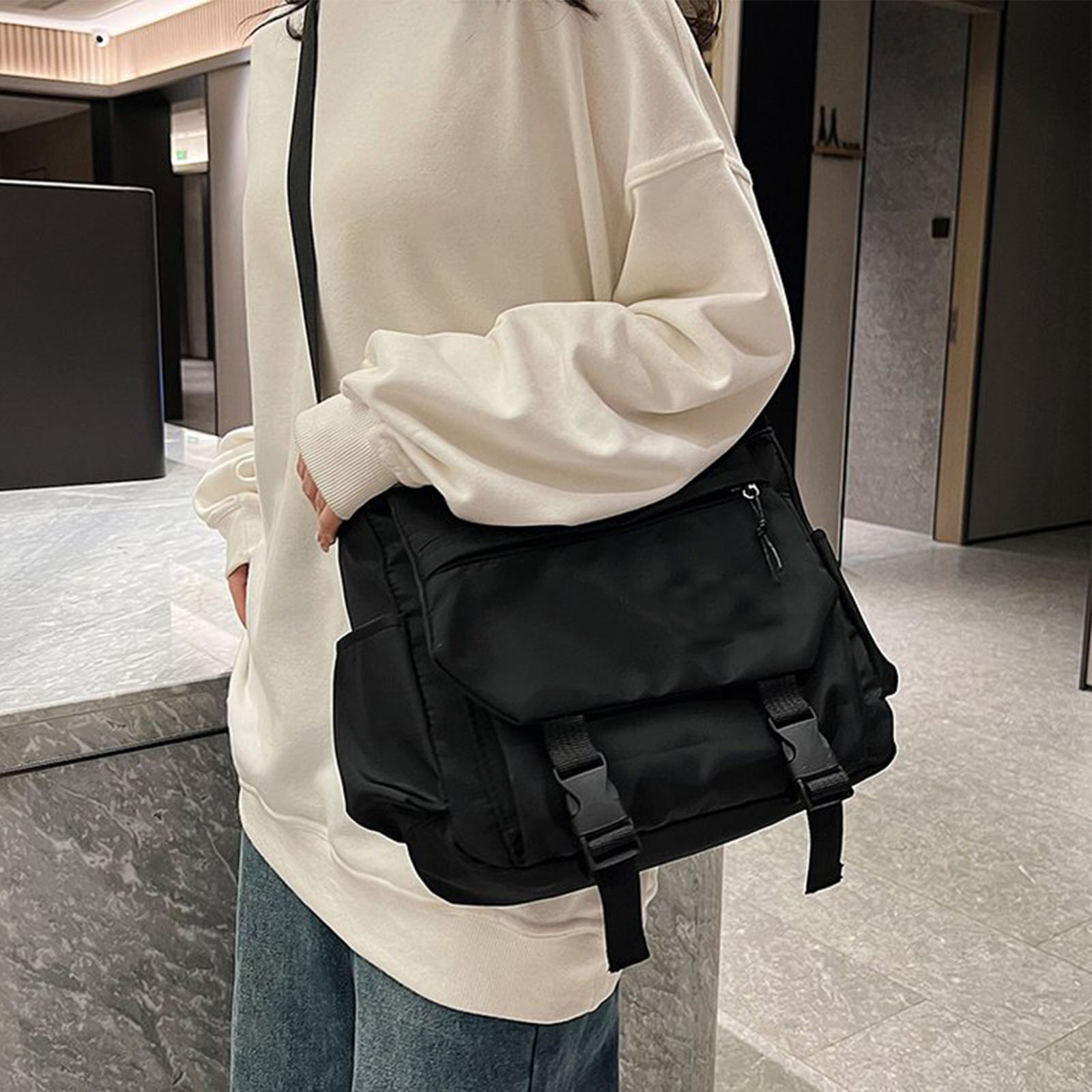 Casual Shoulder Bag Flap Over Messenger Bag Black For Men Women For School