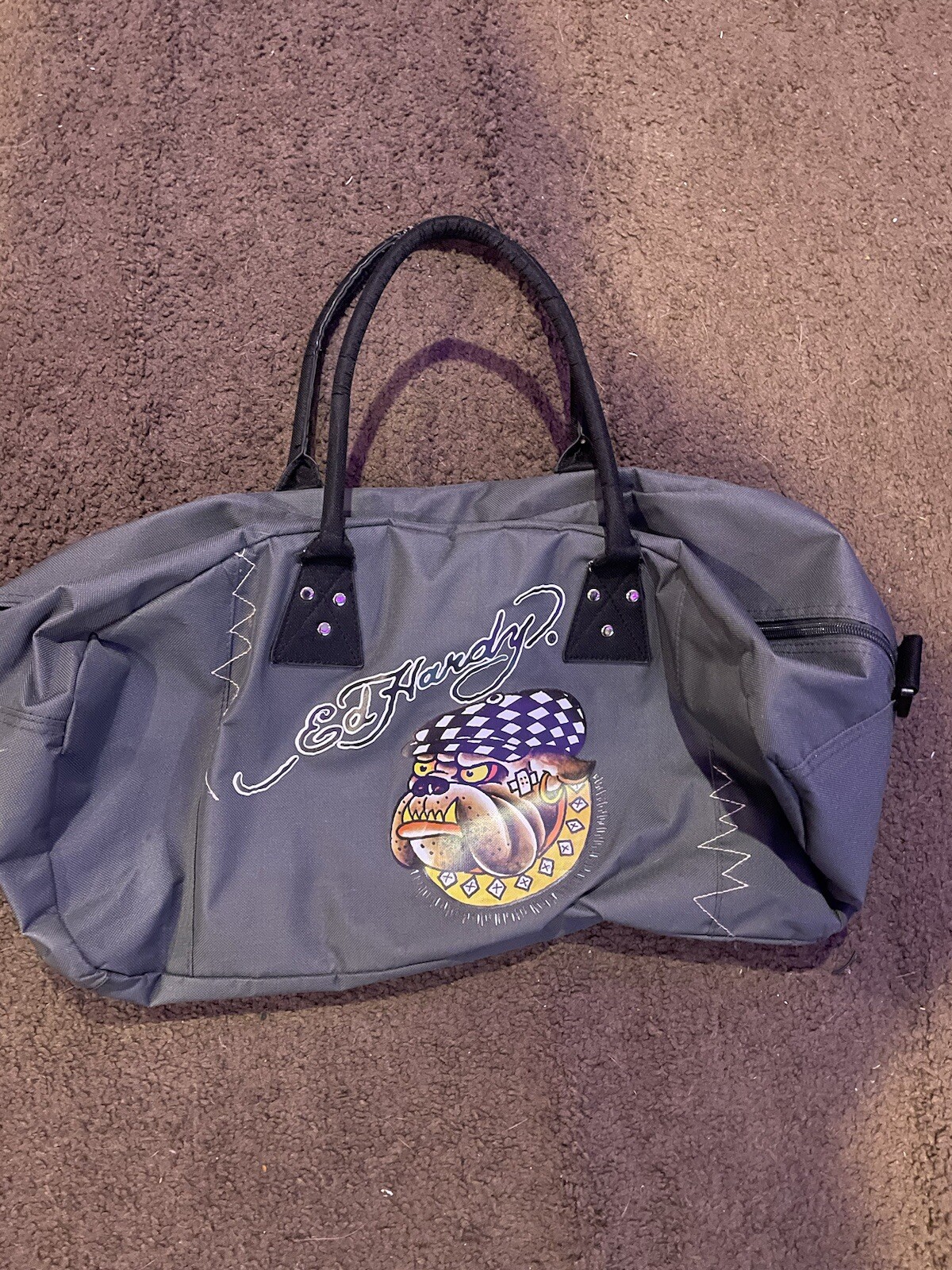 Ed Hardy Graphic Bulldog Love Kills Slowly Canvas Duffel Gym 2 Handle Bag