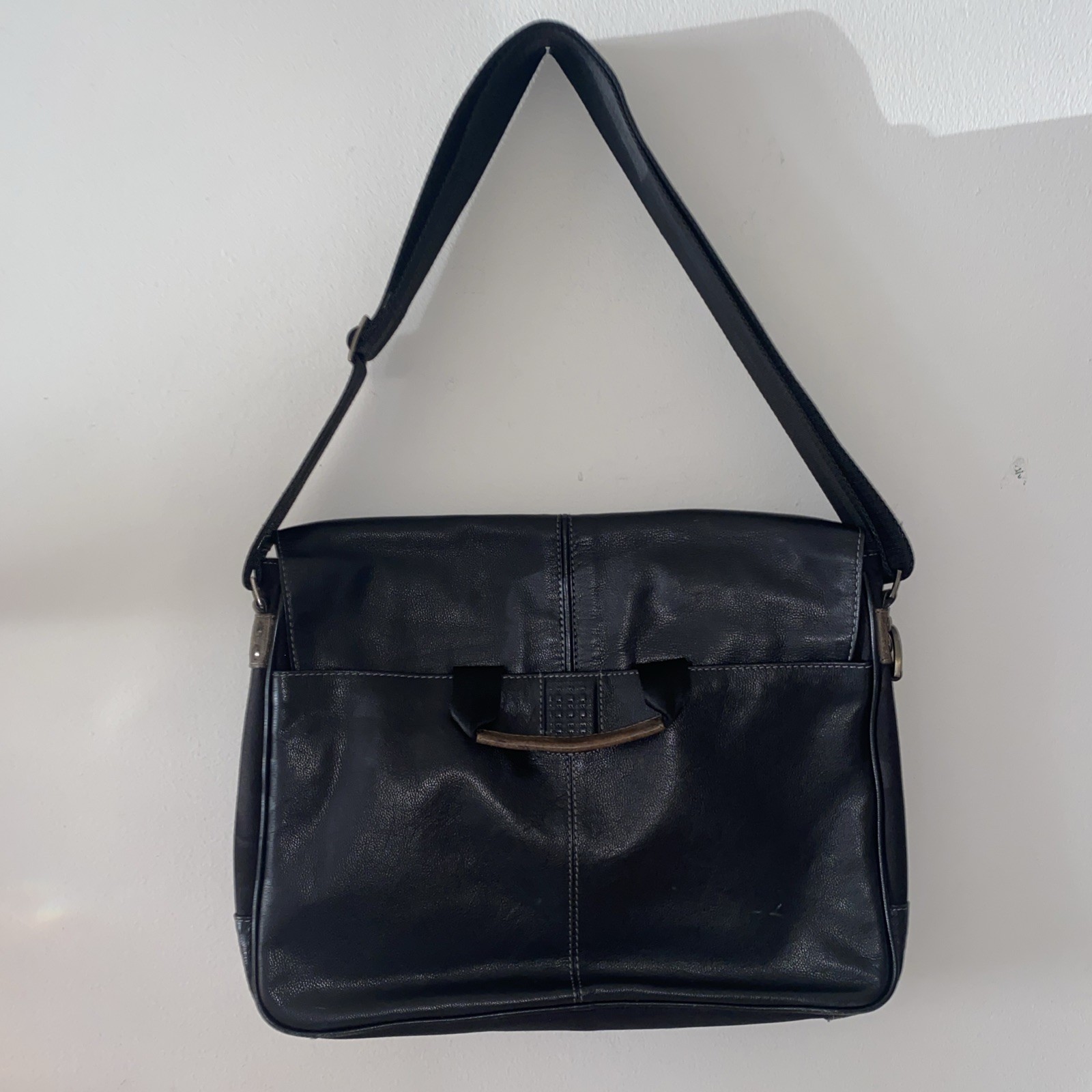 Boconi black leather and canvas slim messenger laptop bag Shoulder Bag