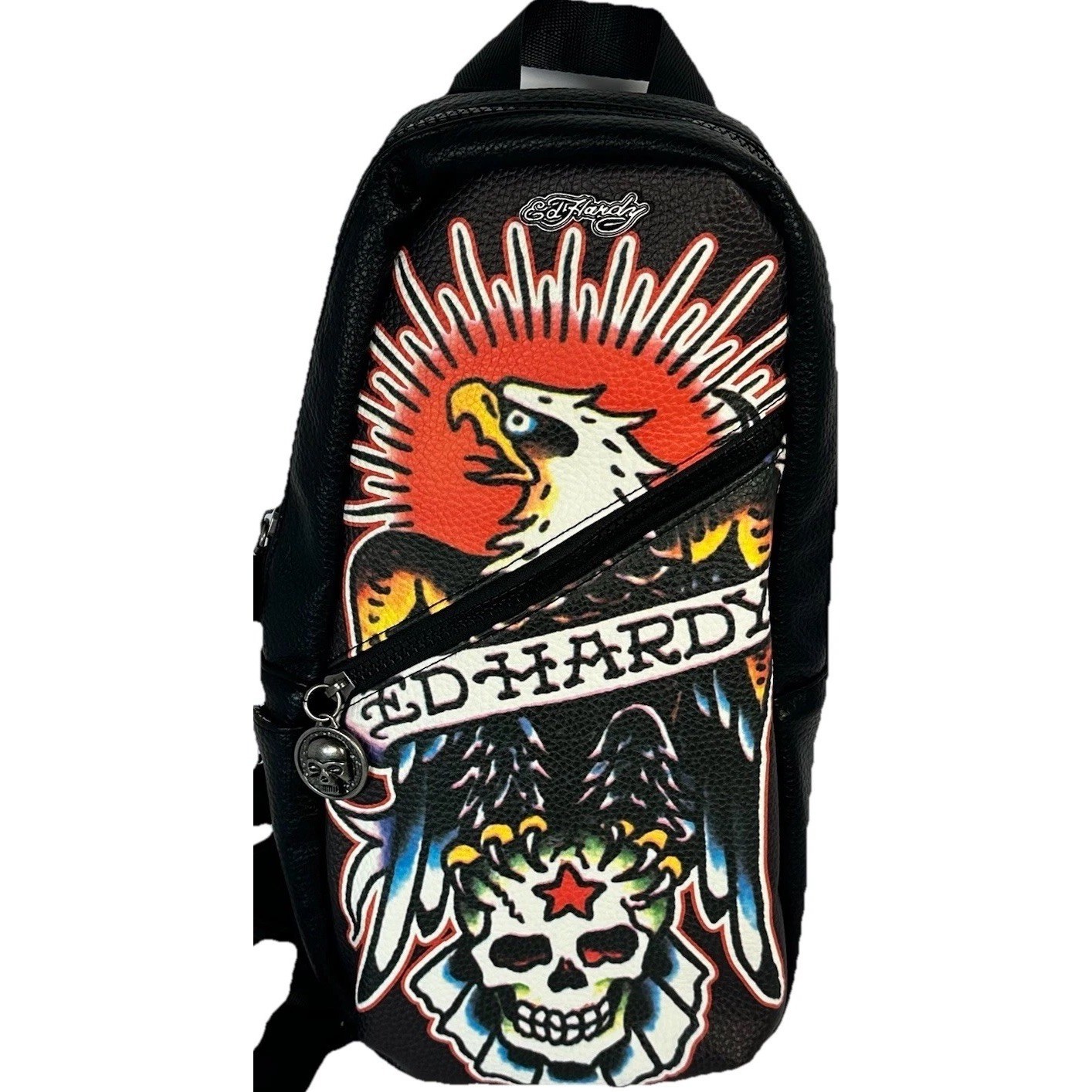 Ed Hardy Mens Black Pebbled Sling Backpack Eagle Skull Tattoo Graphic Bag
