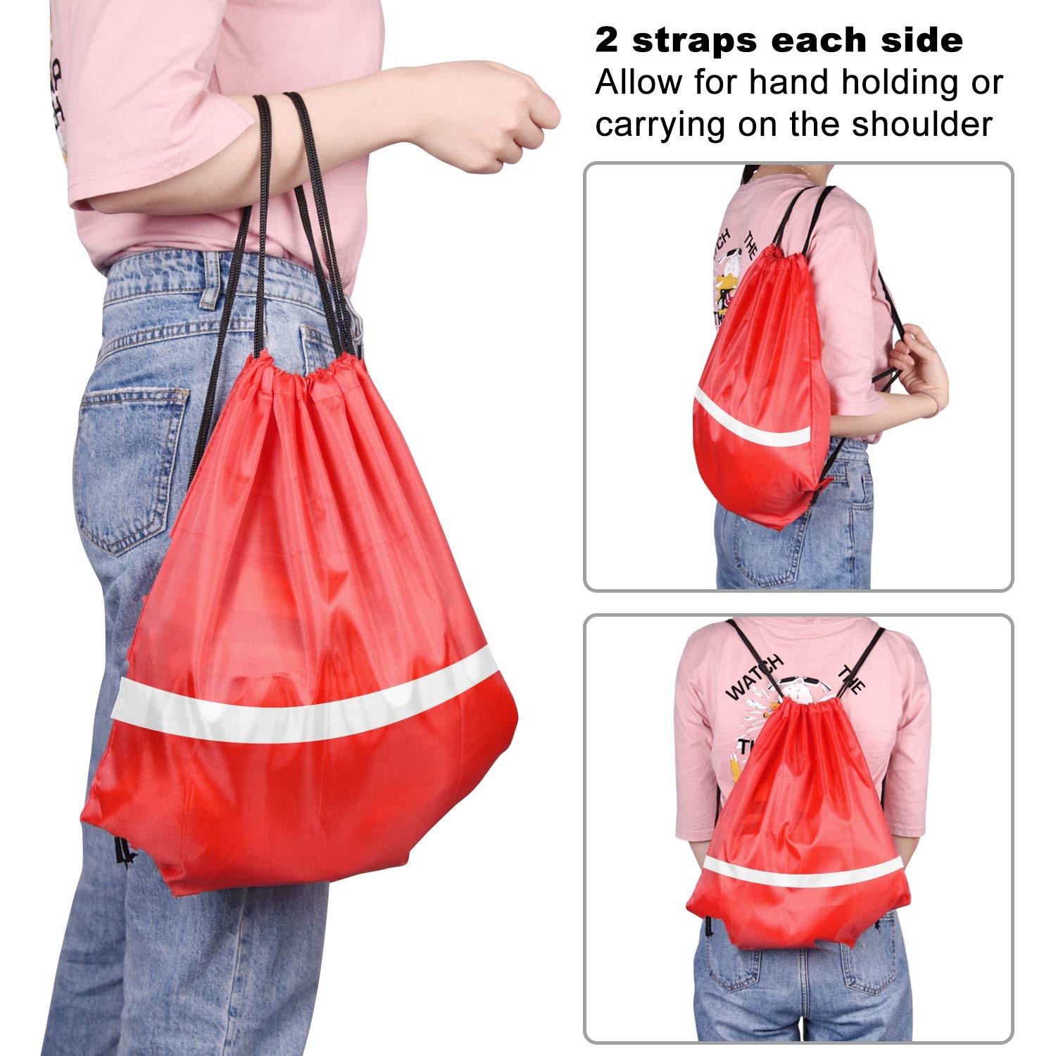 12 PCS Red Drawstring Backpacks Reflective Strips Polyester 15.7×13.4 Inch
