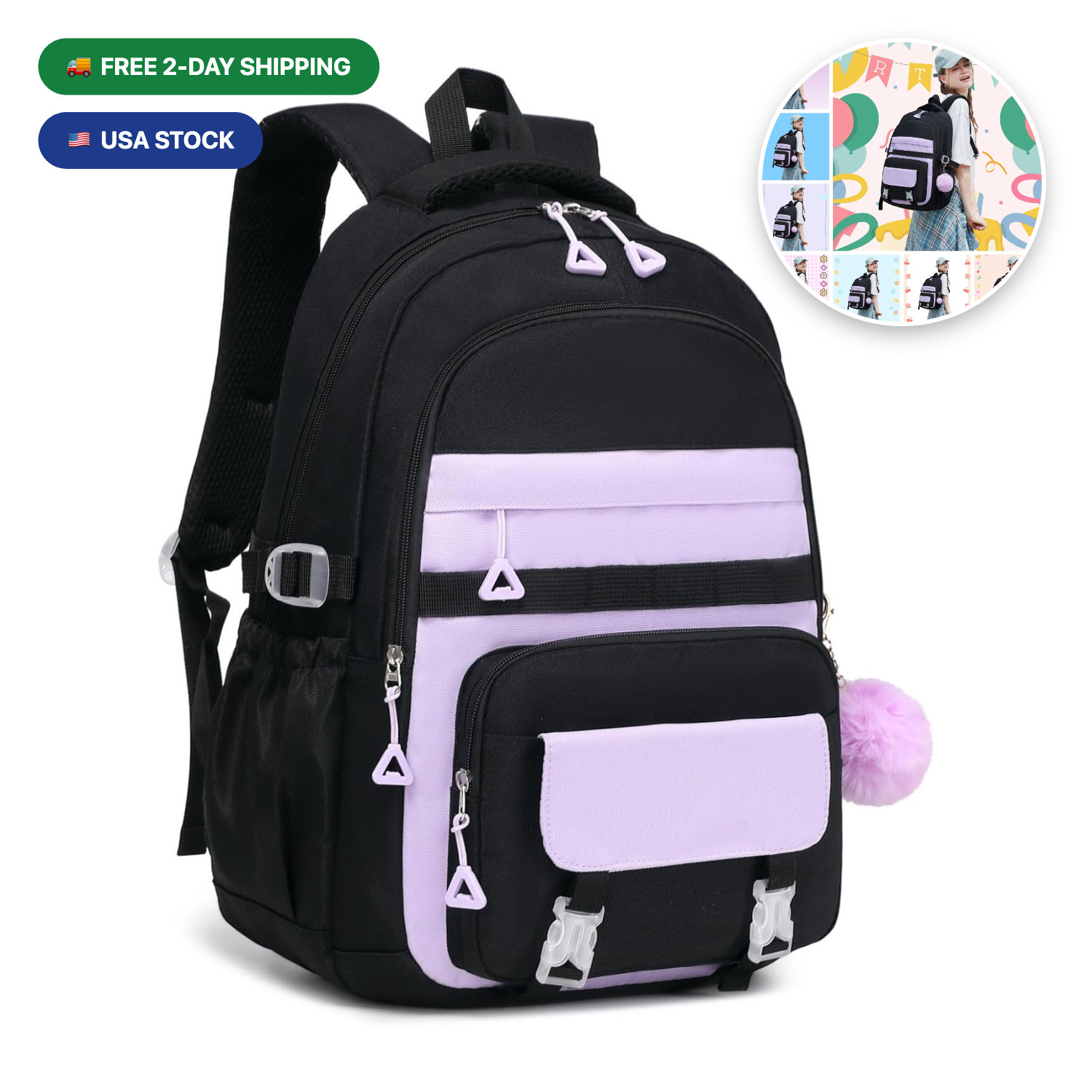 Mochila Escolar Preppy Negra y Morada Para Niñas Adolescentes Laptop 15.6