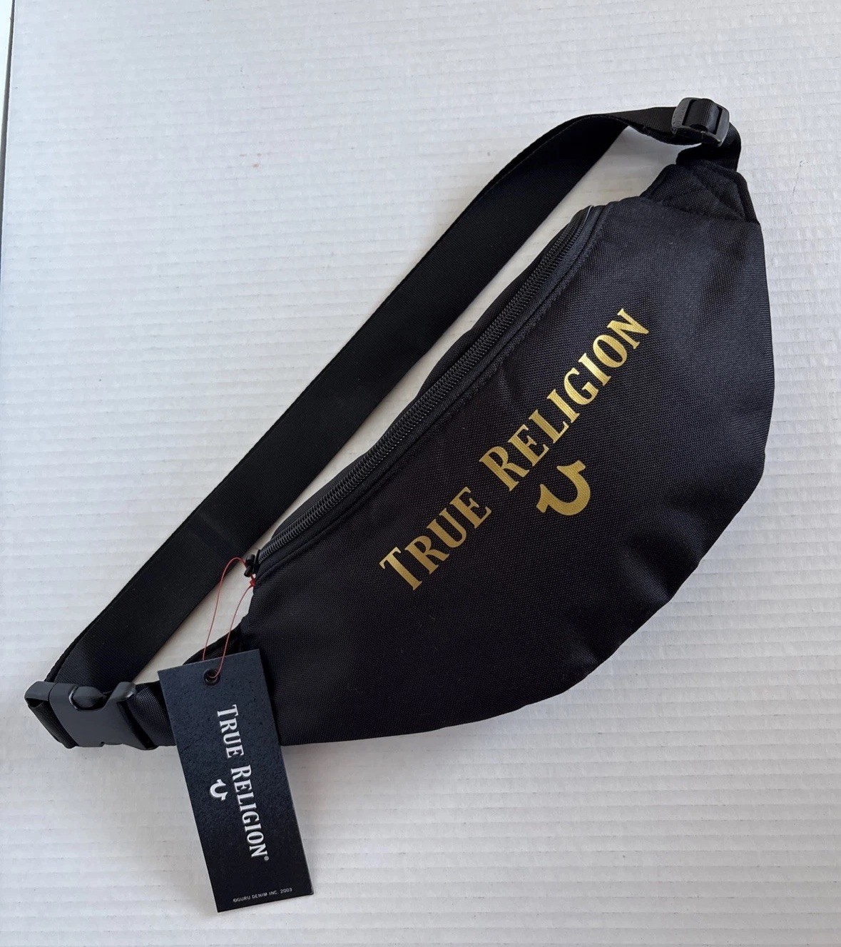 TRUE RELIGION-Fanny Pack Adjustable Zippered Black + Gold Unisex NEW w/Tags!