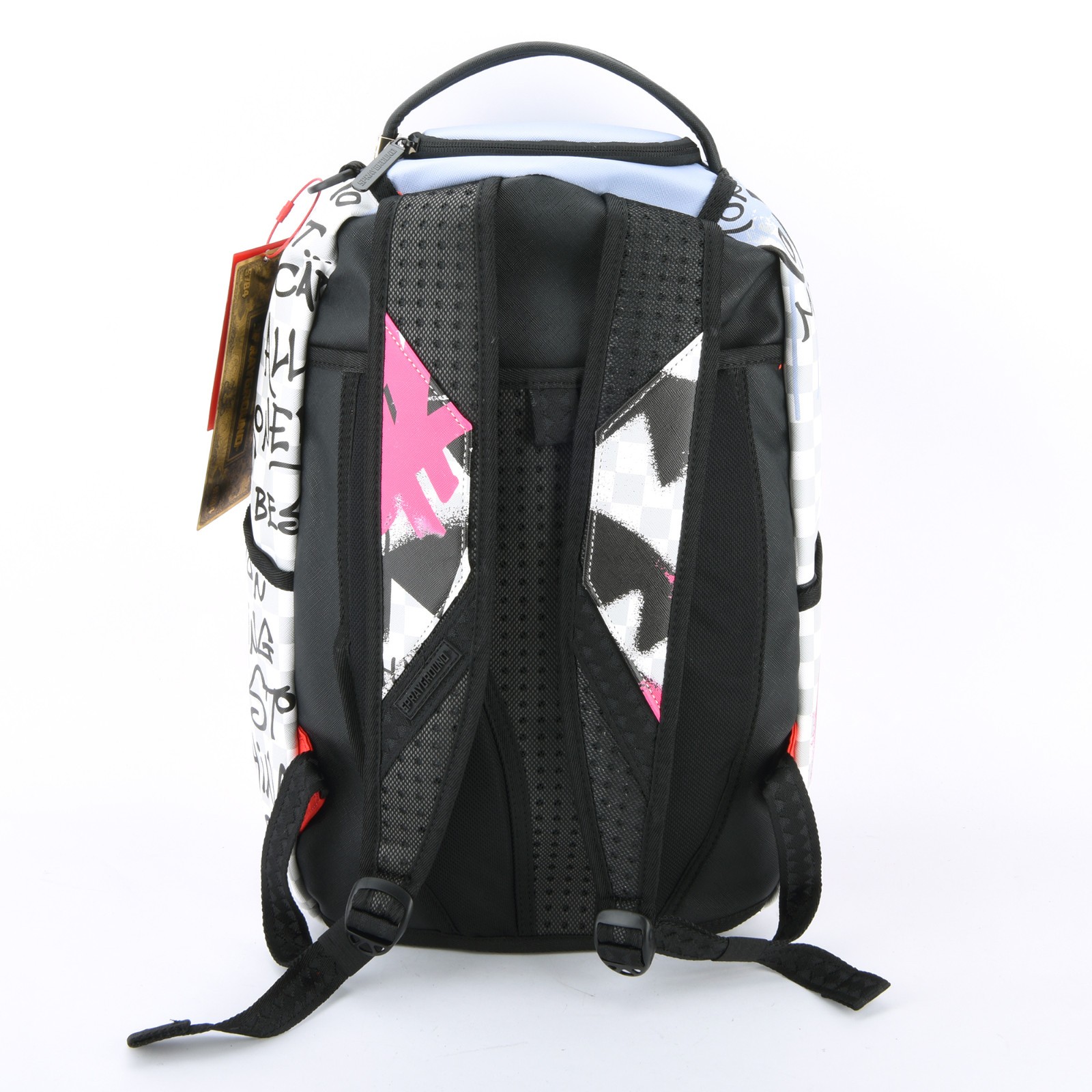 Sprayground Shark Poetry Dlxsv Leather Backpack Zippered Unisex Plaid Pink Gray