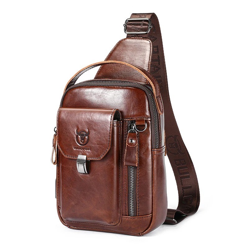 BULLCAPTAIN Men’s Genuine Leather Chest Bag Casual Retro 7.9-inch Mobile Phone