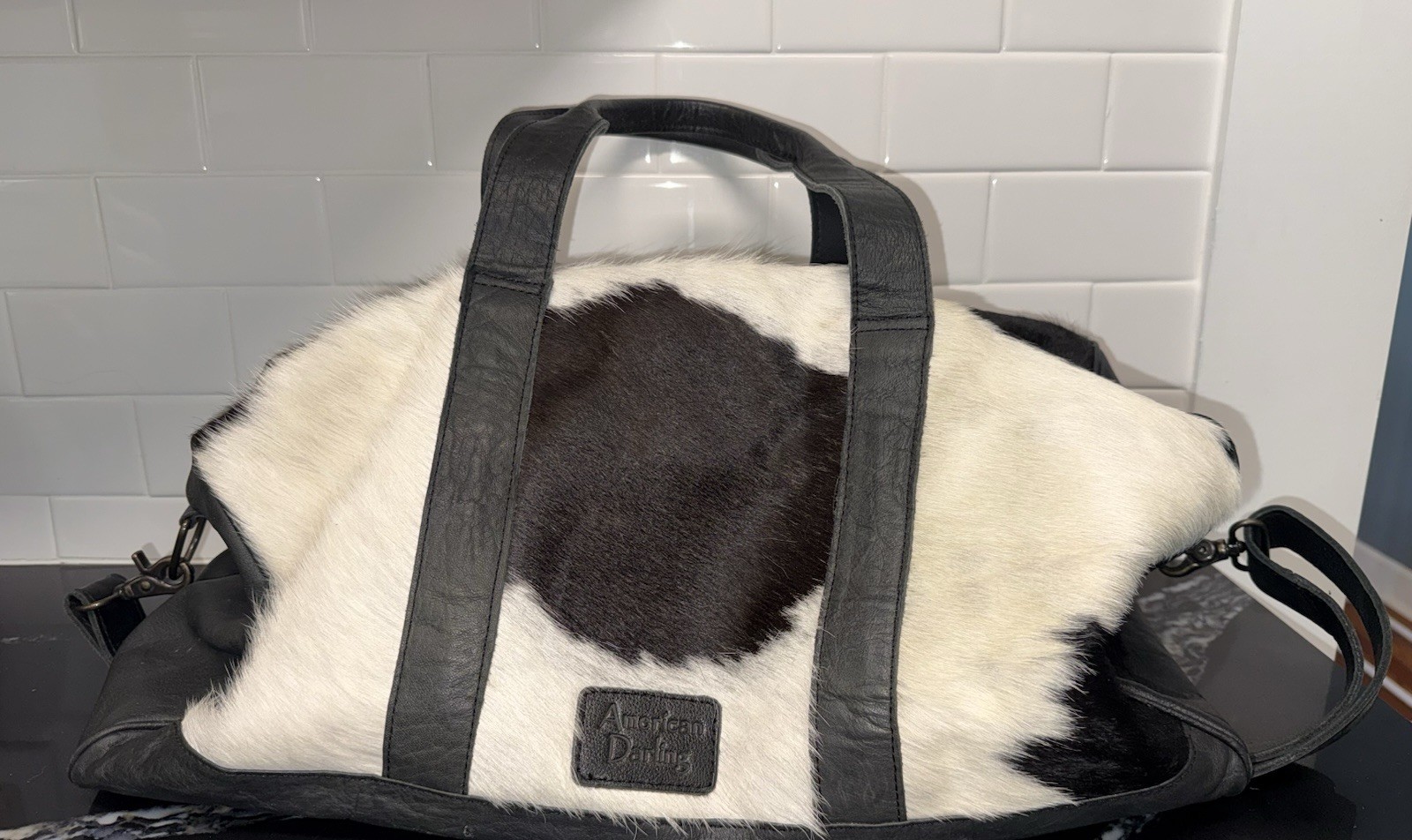 American Darling Black White Cowhide Duffle Bag Animal Print Adjustable Strap