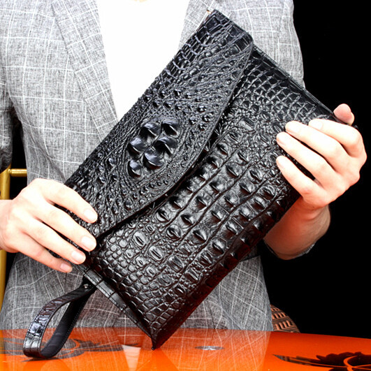Cowhide Leather Business Envelope Bag Crocodile Pattern Clutch Bag Large Wallet