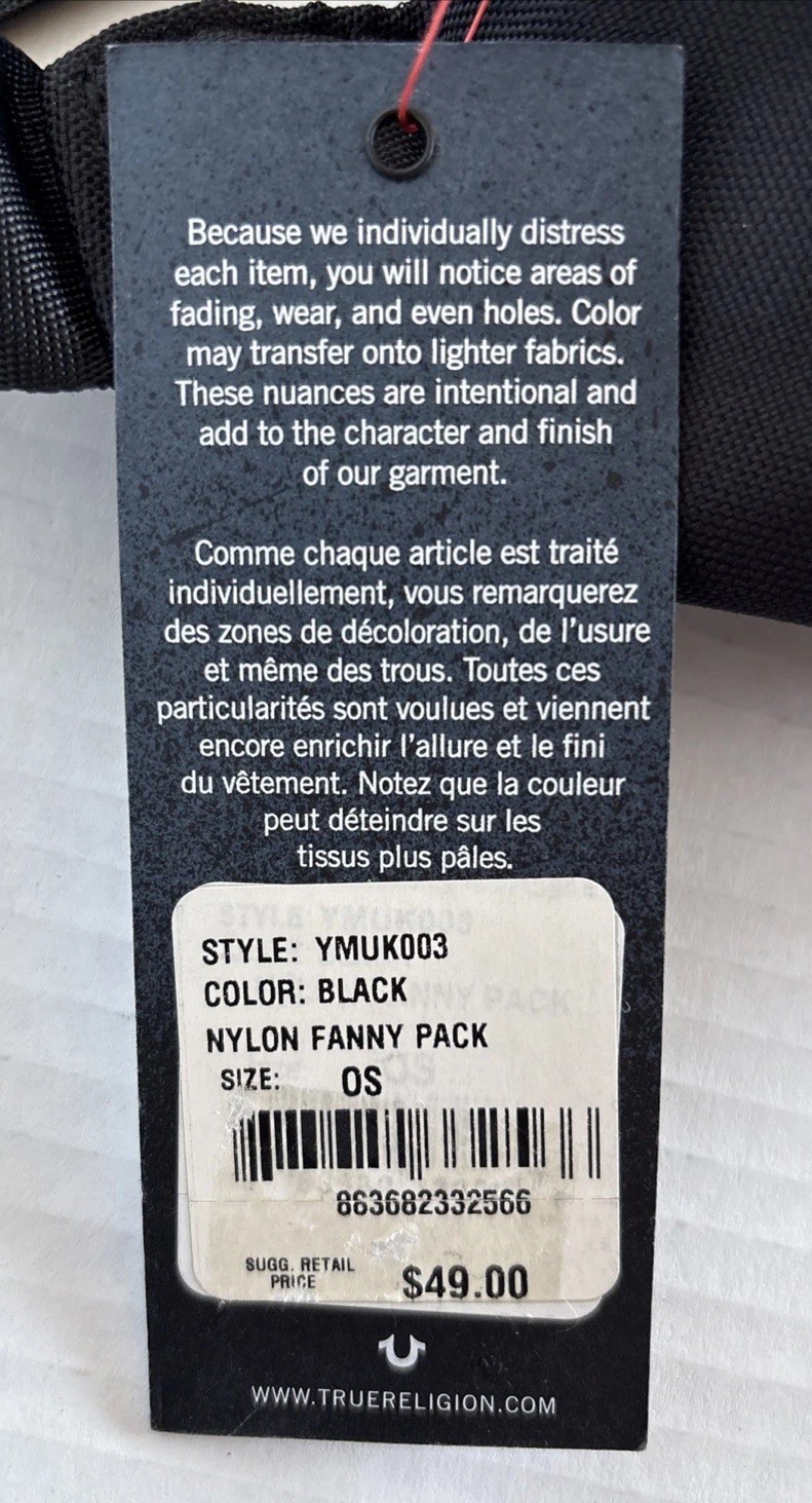 TRUE RELIGION-Fanny Pack Adjustable Zippered Black + Gold Unisex NEW w/Tags!