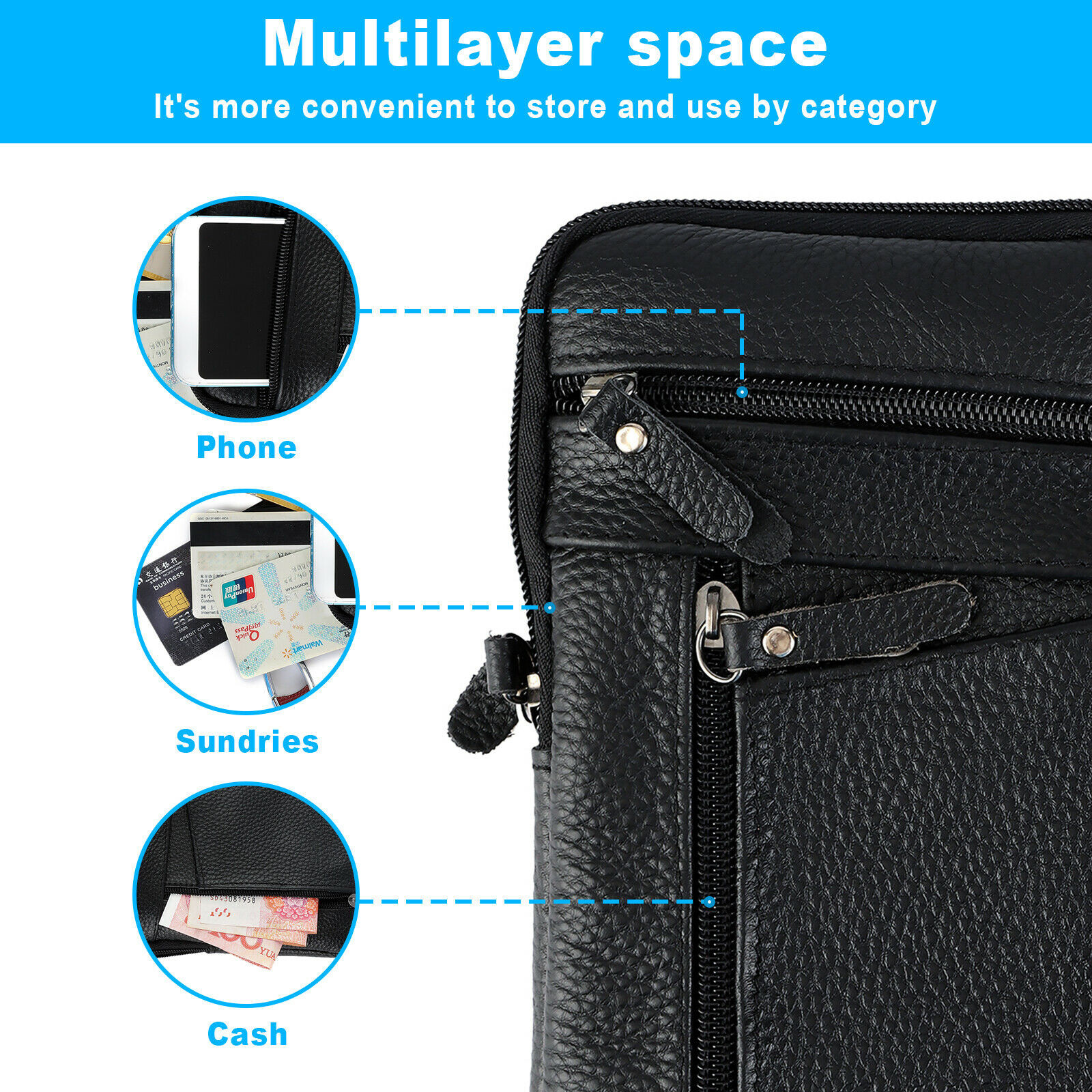 Leather Men Cell Phone Loop Belt Bag Waist Holster Pack Shoulder Pouch Crossbody