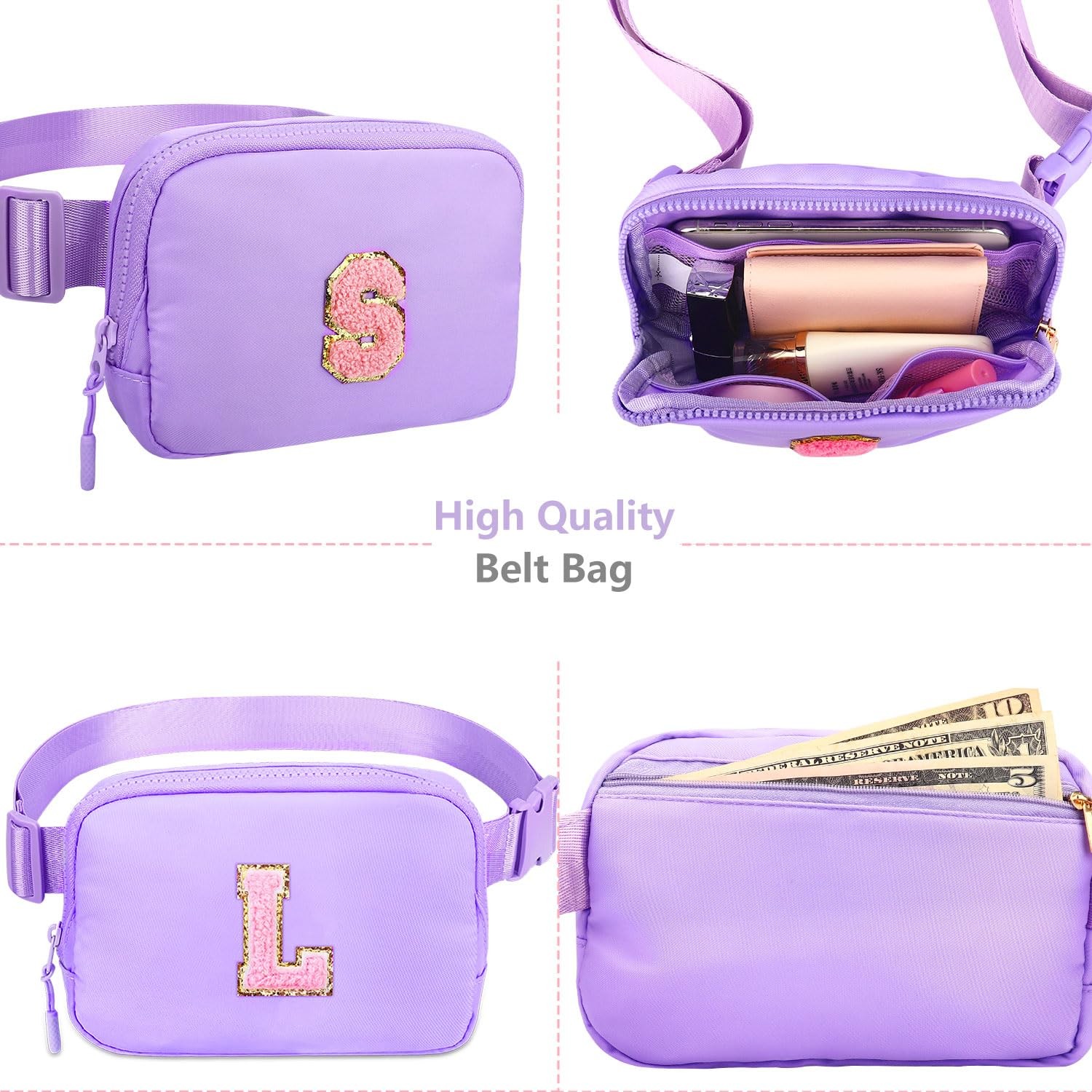 Belt Bag Fanny Pack for Girls – Women Initial Crossbody Medium, Purple