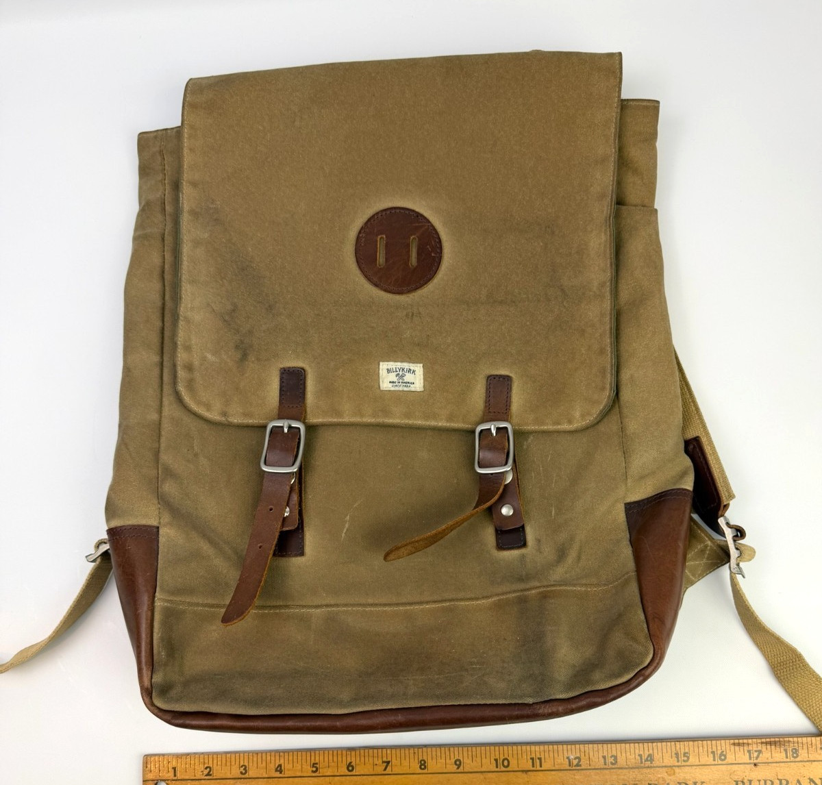 Billykirk Canvas & Leather Trim Rucksack Backpack Cotton Olive Tan Made In USA
