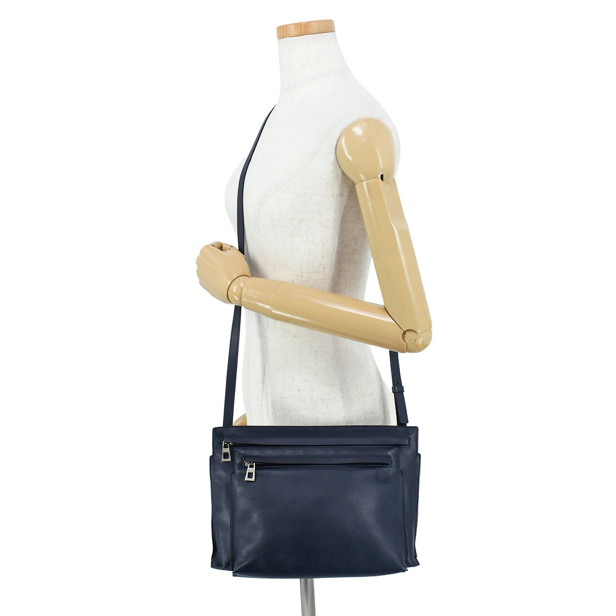 LOEWE Anagram Large Double Pouch Shoulder Crossbody Leather Navy Silver