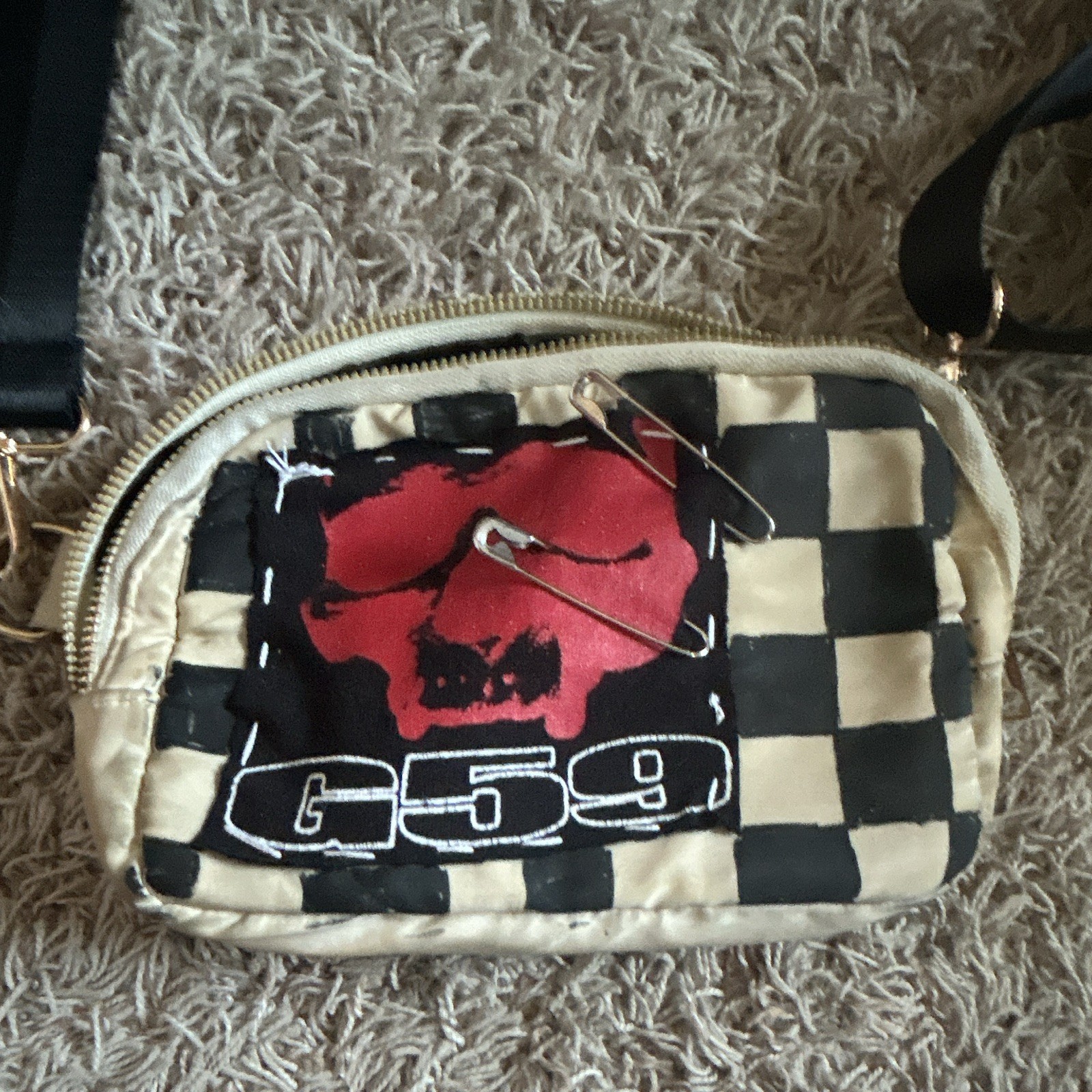 Beige Checkered Skull Crossbody Bag Zip Closure Adjustable Strap Pockets